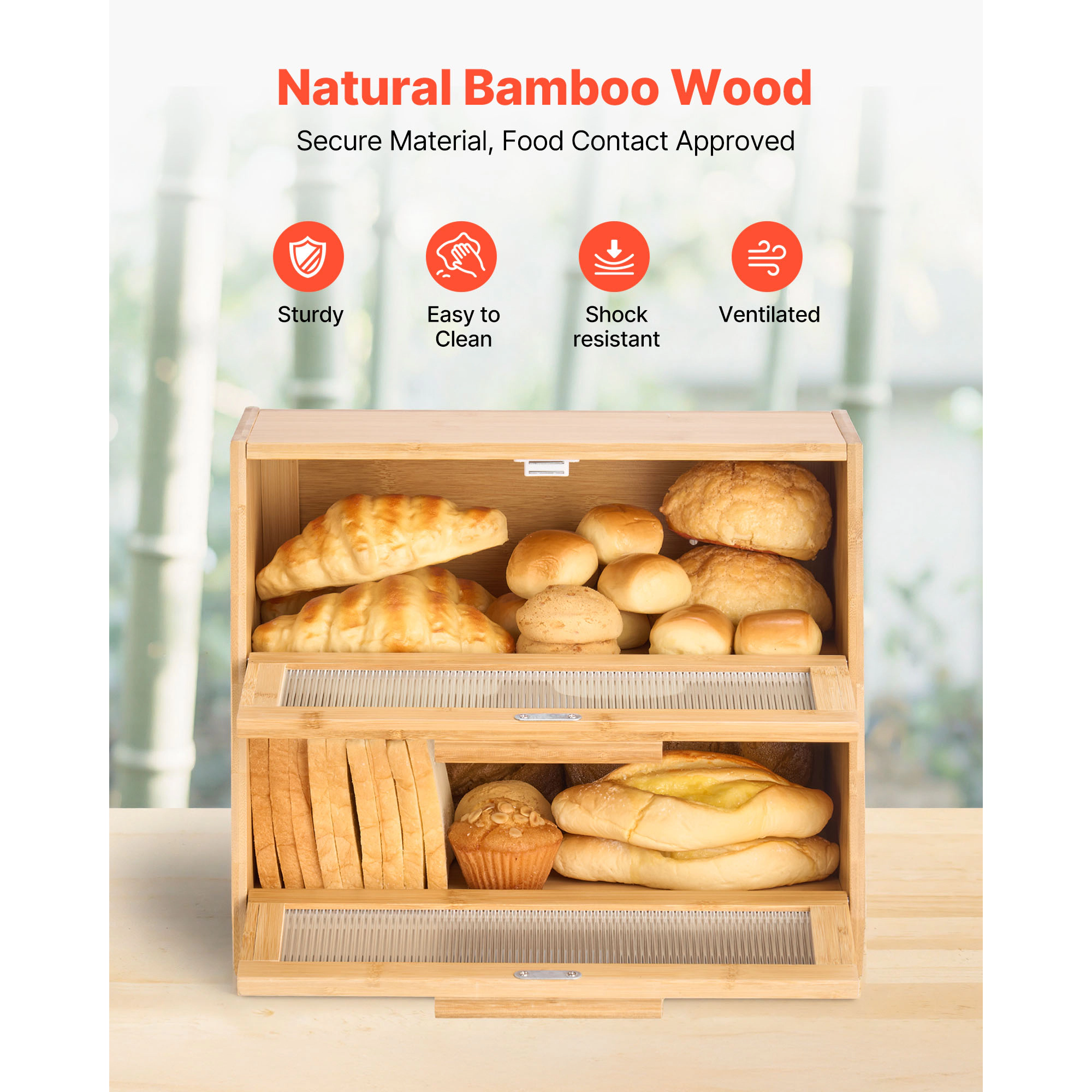 HONGGE Double Layer Bread Box for Kitchen Counter Large Capacity Bamboo Bread Storage Container Farmhouse Wooden