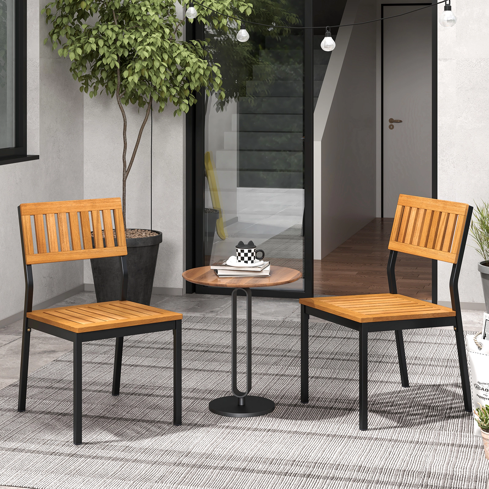 LJG Patio Dining Chair Set of 2 with Metal and Acacia Wood Frame