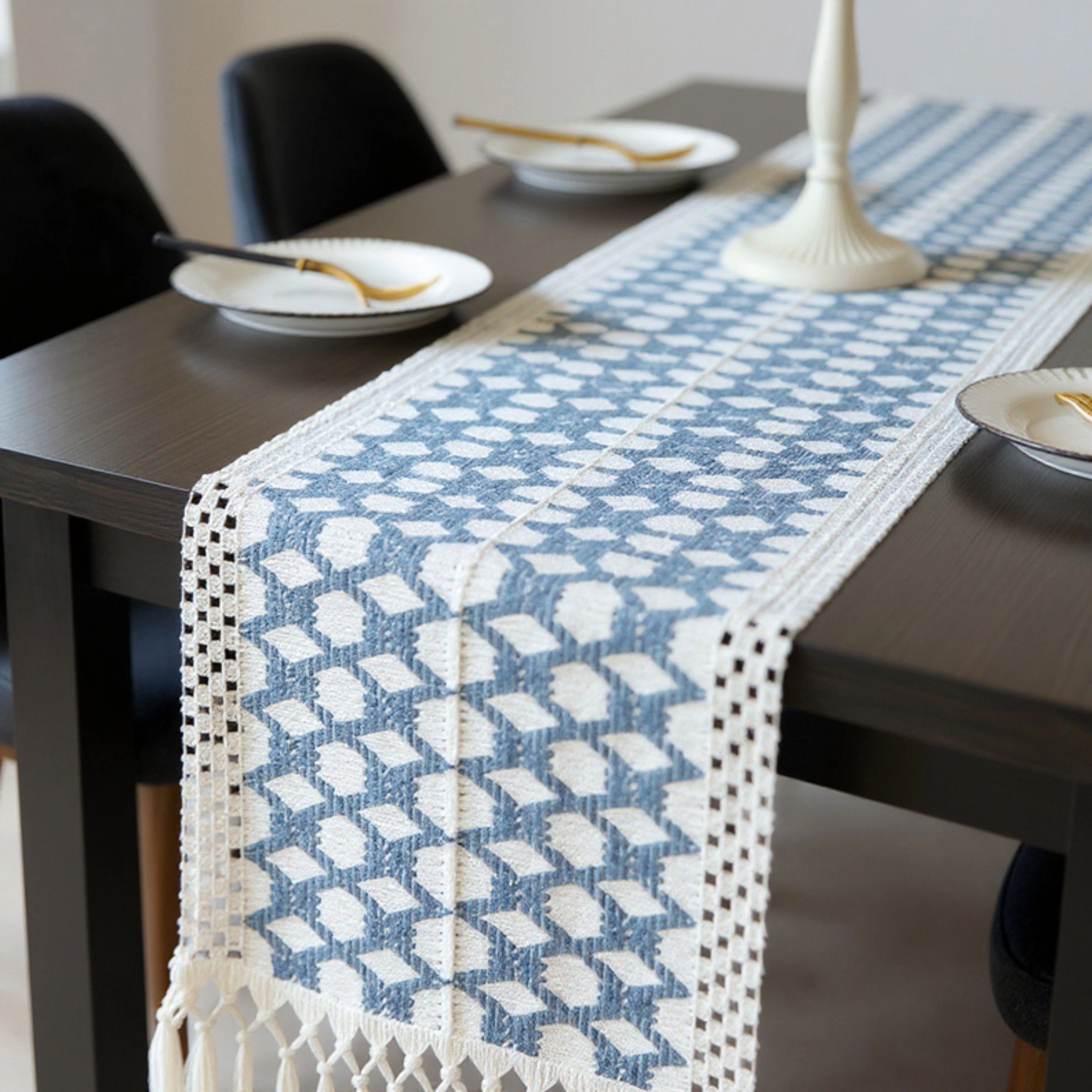 Alilang Unisex Geometric Woven Table Runner with Tassel Fringe Edges