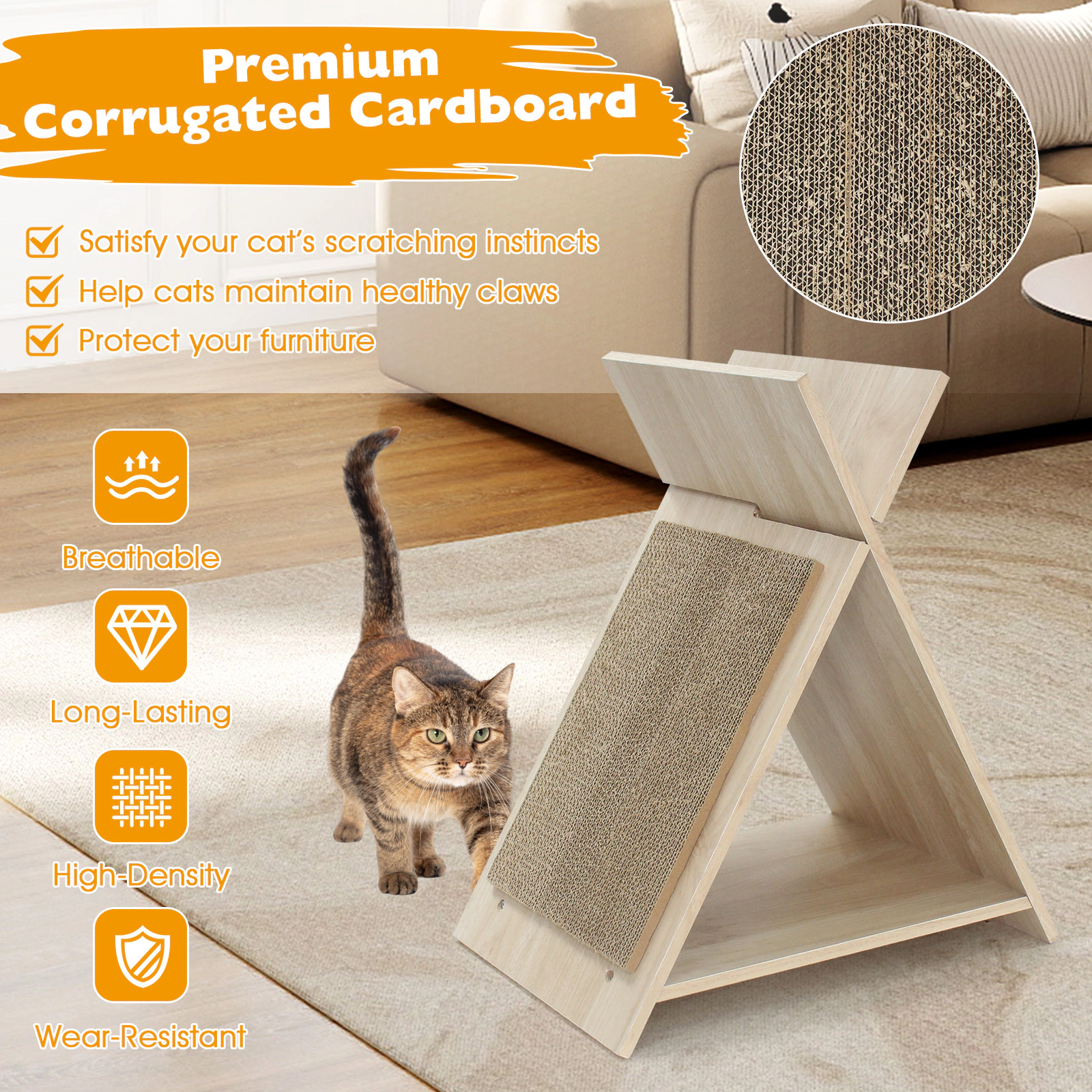 SUGIFT Cat Scratcher Natural with Corrugated Cardboard Tunnel and Wooden Lounge