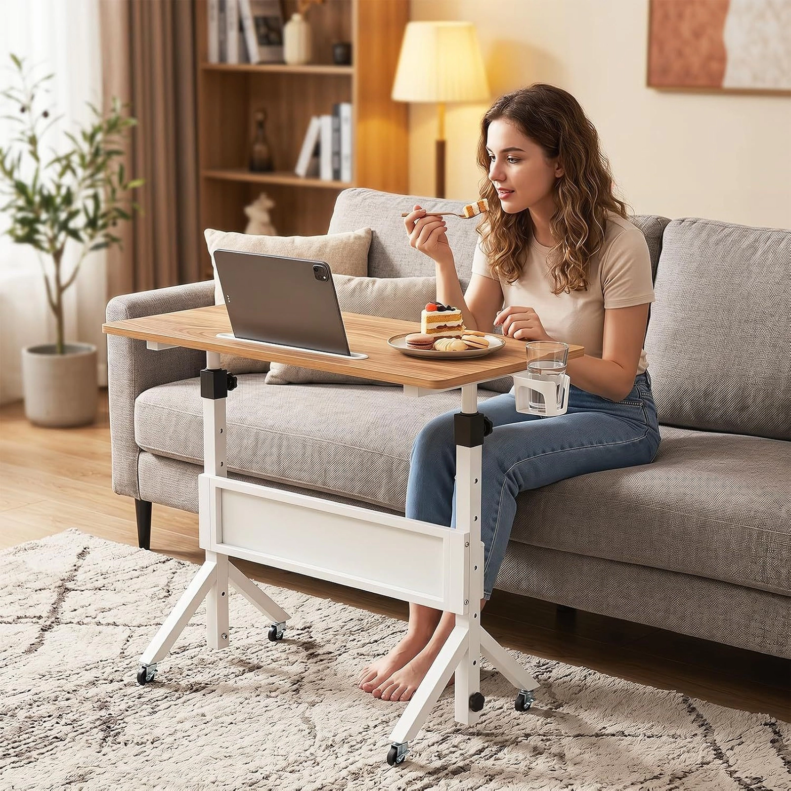 SUGIFT Adjustable Standing Laptop Desk with Wheels, Storage Basket and Cup Holder