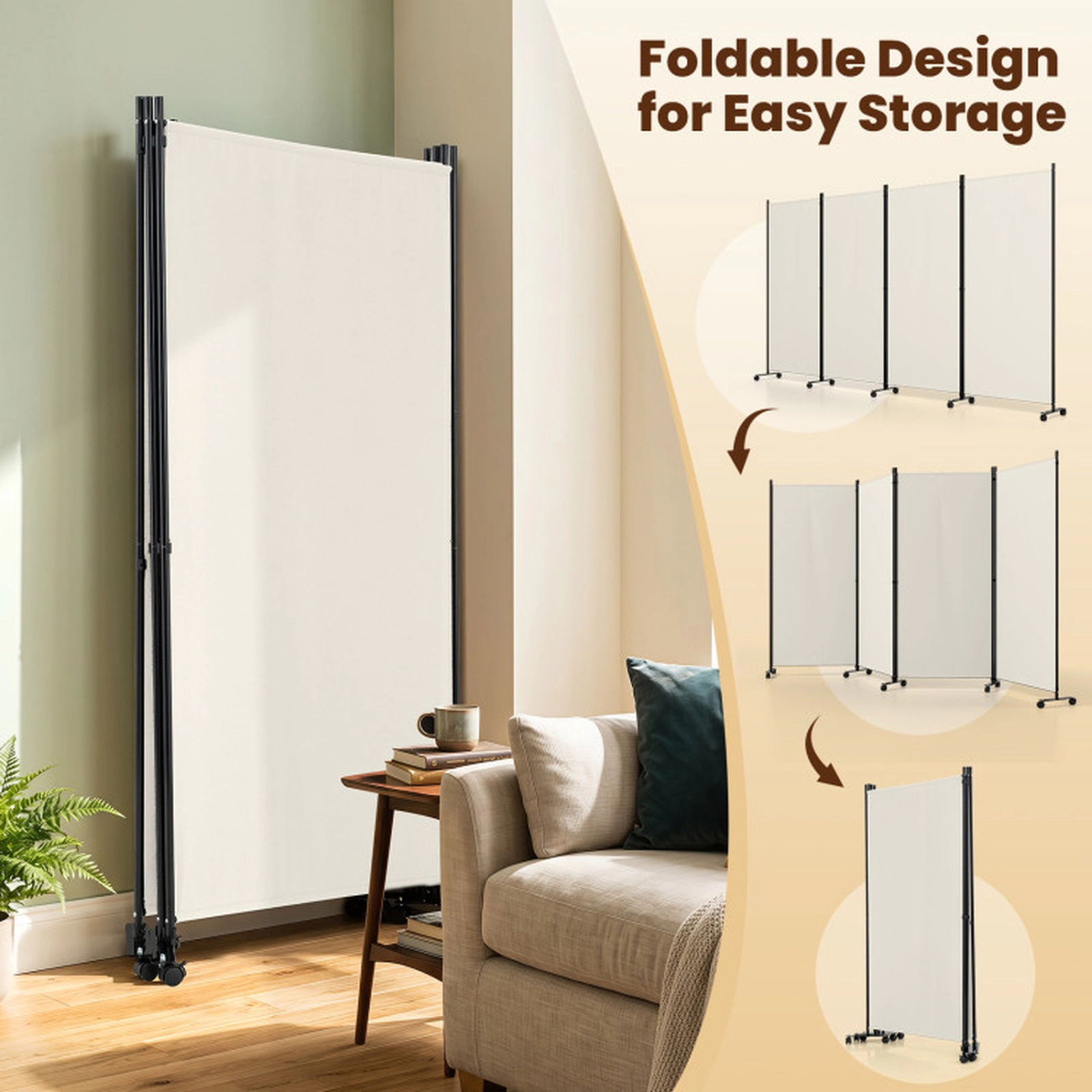 SUGIFT 4-Panel Connection Buckle Metal Frame Stable Base Folding Room Divider 137-in x 12-in x 71.5-in 22-lb White