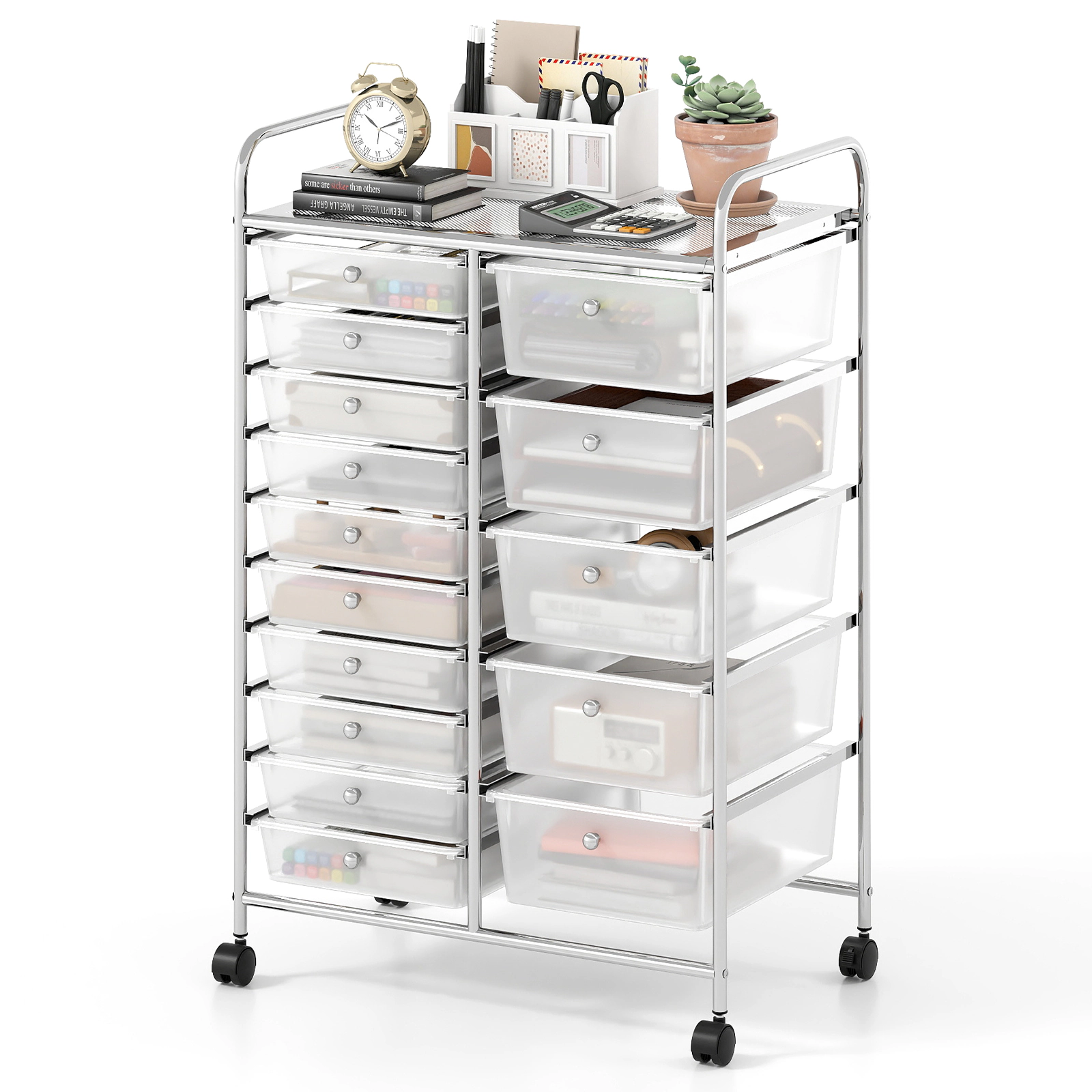 SUGIFT 15-Drawer Rolling Storage Cart Transparent with Chrome Plated Metal Frame