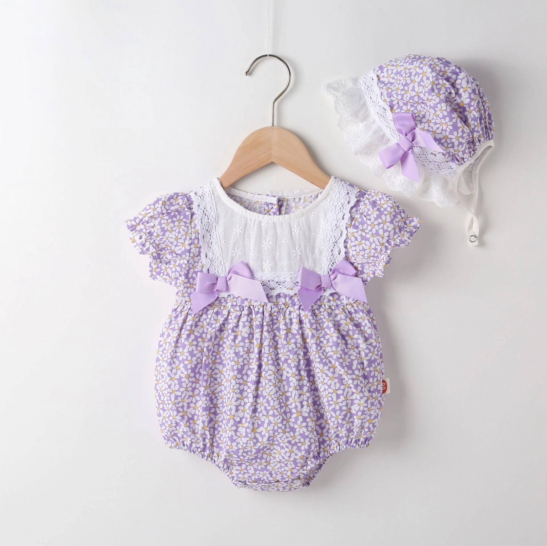 MyKids-USA Baby Girl Floral Pattern Lace Patchwork Round Collar Short-Sleeved Colorful Cotton bodysuit With Hat