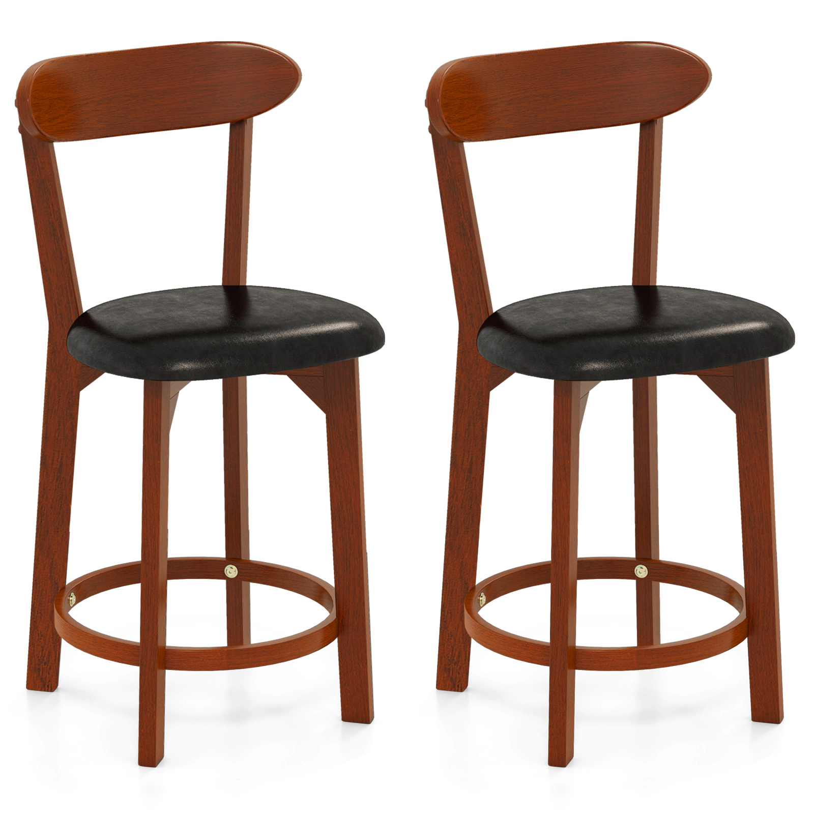 SUGIFT Set of 2 Walnut Faux Leather Armless Counter Height Bar Stools with Footrests