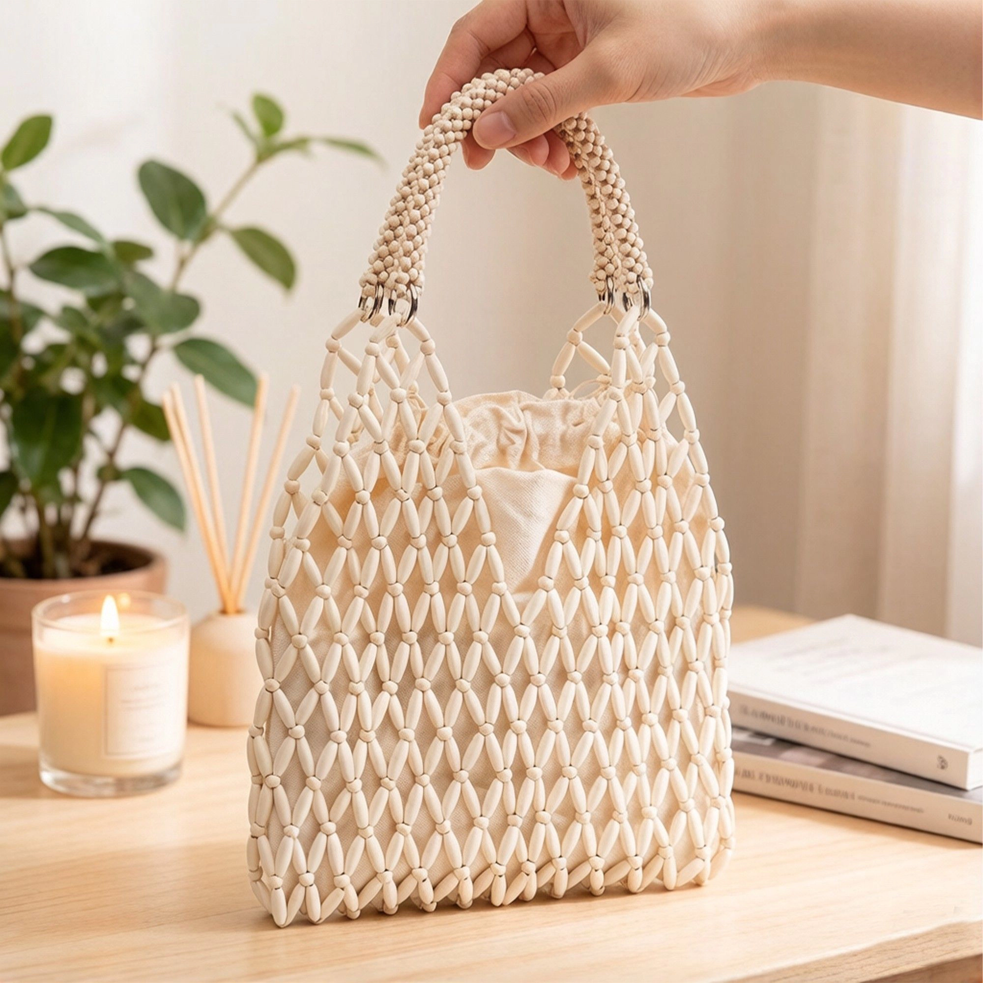 Alilang Women's Beaded Tote Bag with Inner Pouch Soft Structured Wooden Bead Handbag Open Weave Shoulder Carryall