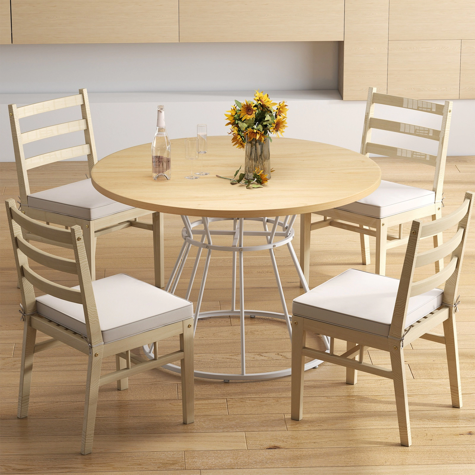 SUGIFT 47-in Round Farmhouse Dining Table for 4 with MDF Tabletop and Metal Frame 200-lb Capacity Natural+White