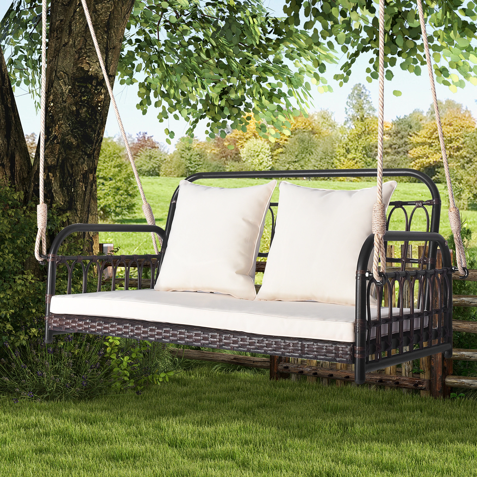 LJG 880LBS Wicker Hanging Porch Swing with Cushions