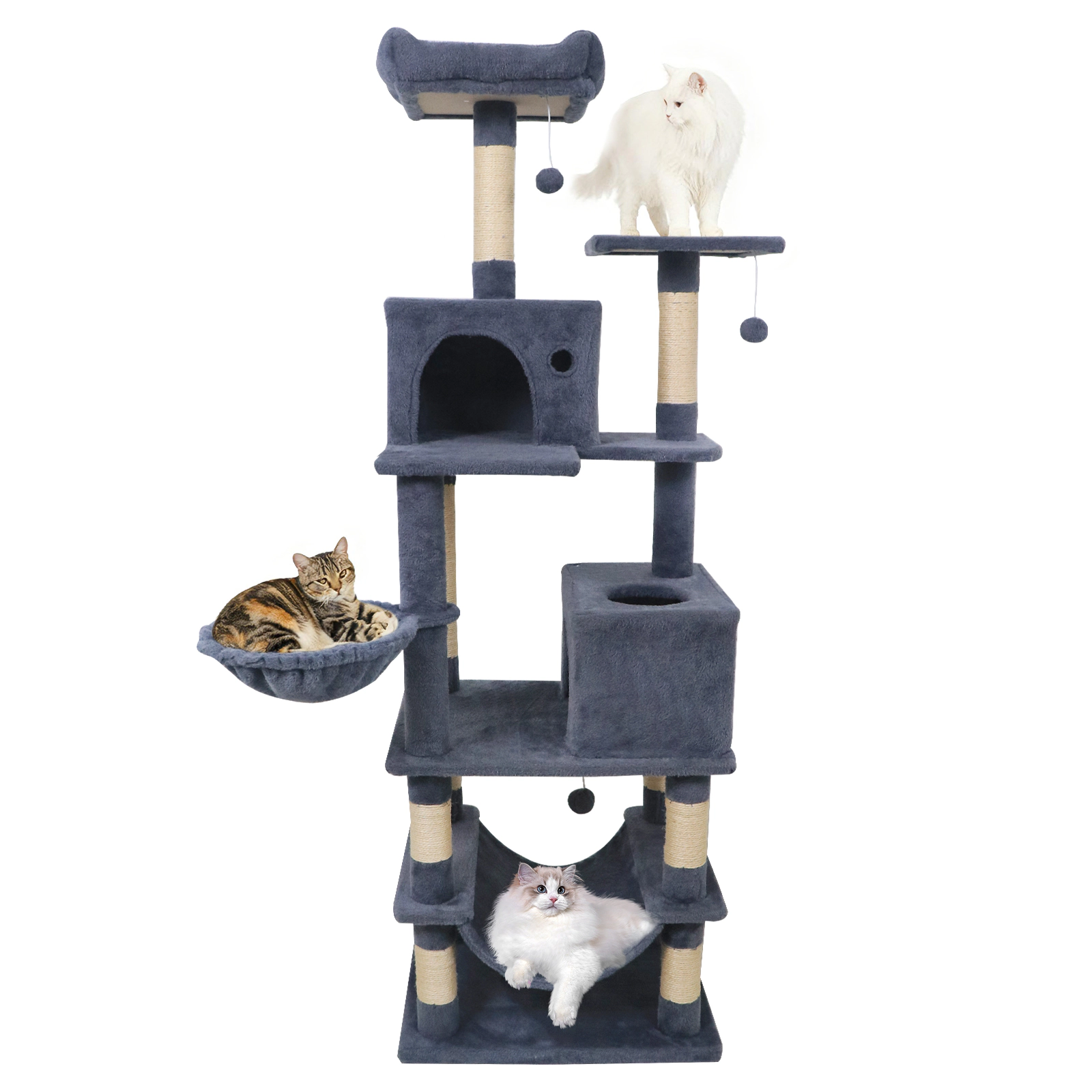 SUGIFT 66-in Dark Gray Multi-Level Cat Tree Tower with 2 Condos Skylight Hammock and Sisal Posts
