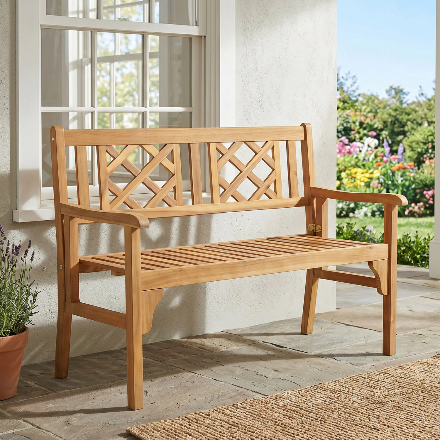 LJG Patio Foldable Bench with Curved Backrest and Armrest