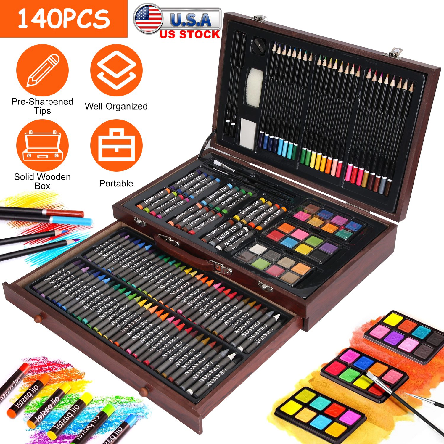 GBruno 140-Piece Wooden Box Art Supply Set