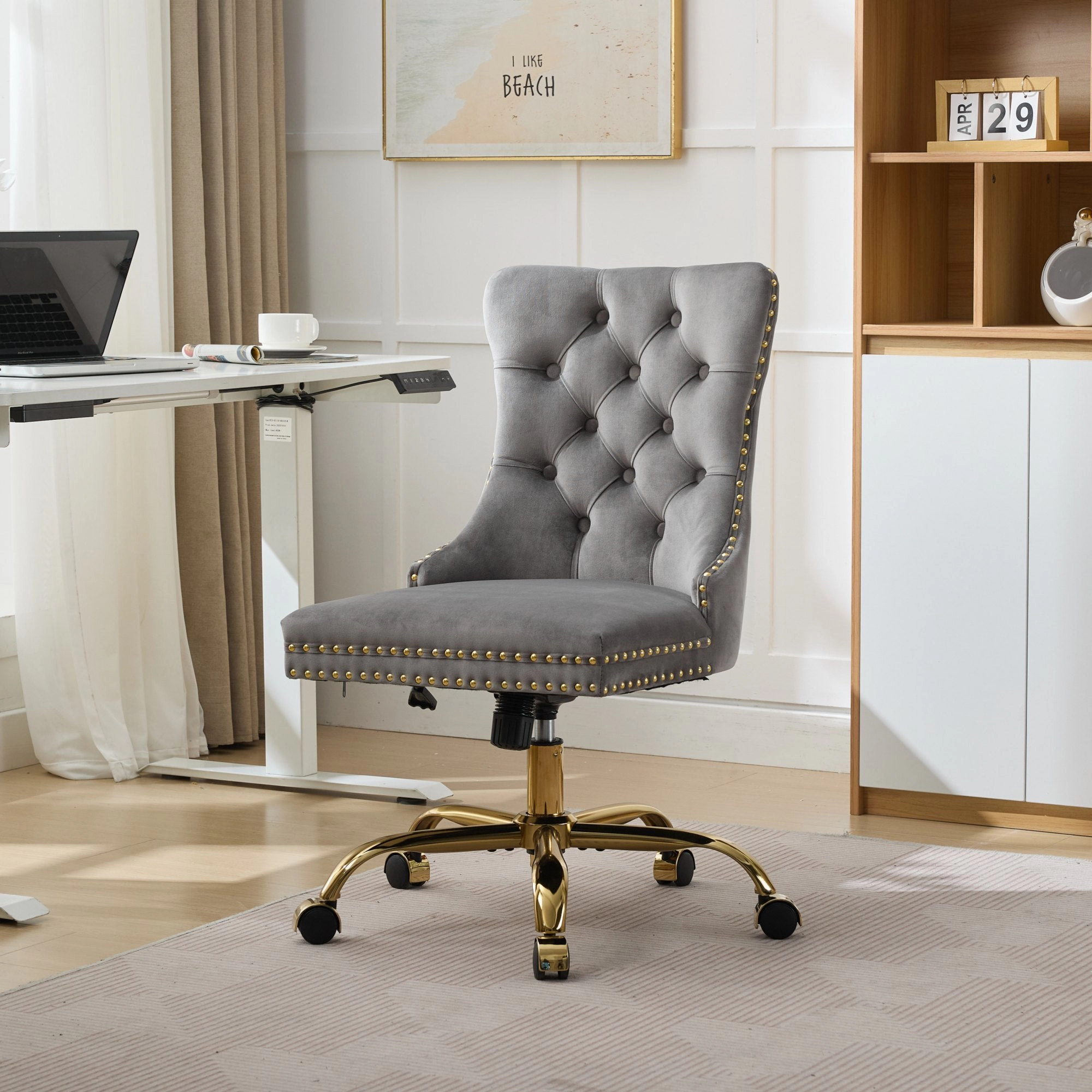 Platinum-Level Office Chairs Gray Velvet Tufted Office Chair, Modern Swivel Study Chair