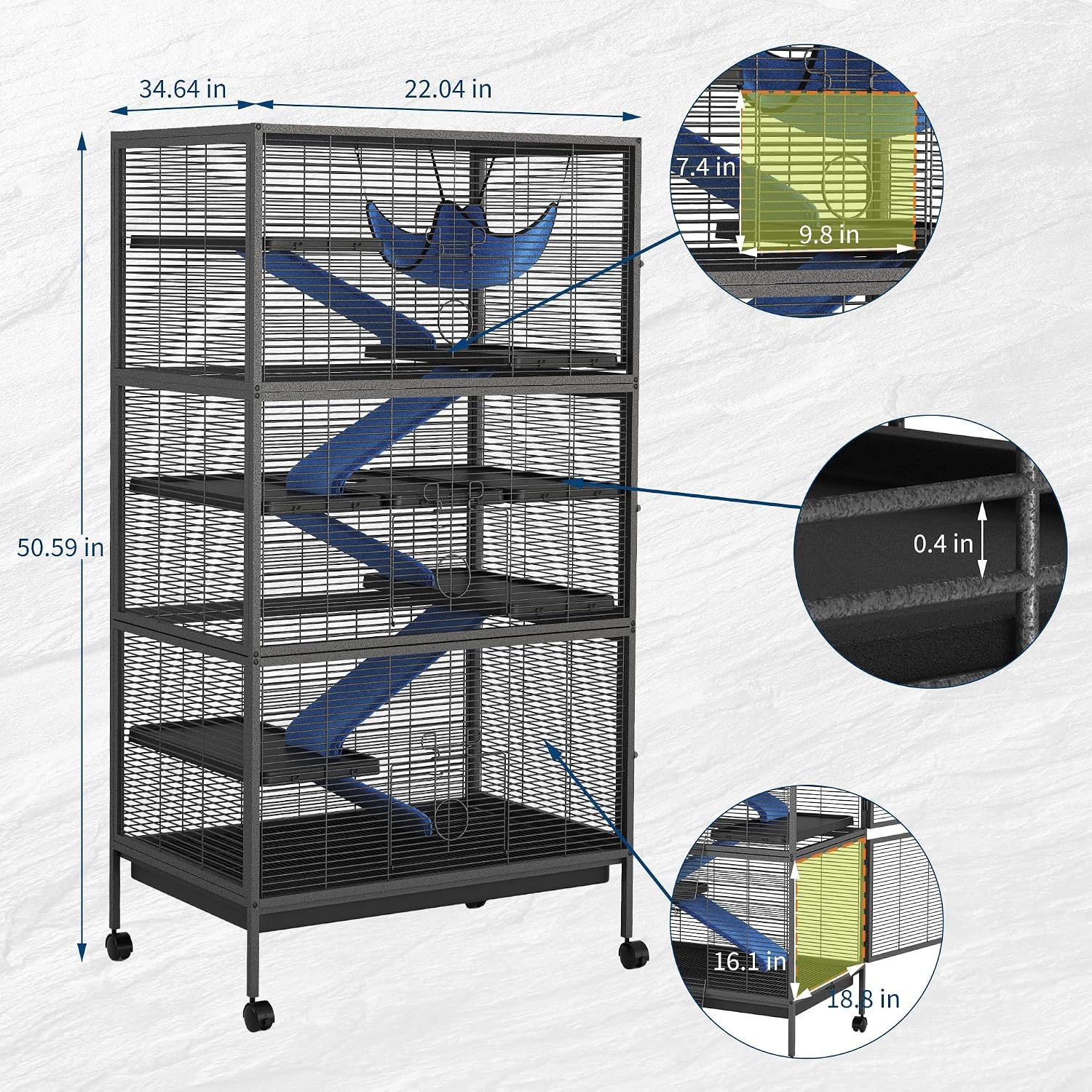 Multi-Tier Metal Ferret Cage, Small Animal Enclosure Half-Inch Grid with Platforms Ramps & Casters