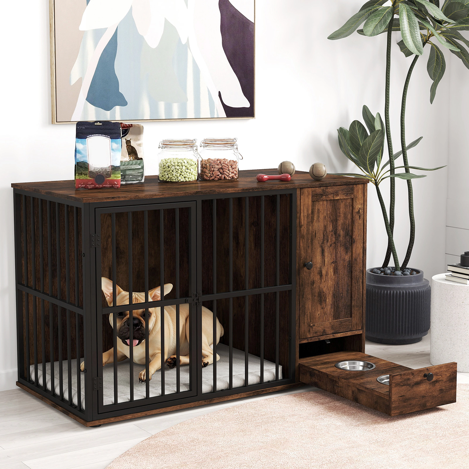 SUGIFT 47.5 in Dog Crate Furniture Rustic Brown with Hidden Pull-out Bowls and Side Cabinet