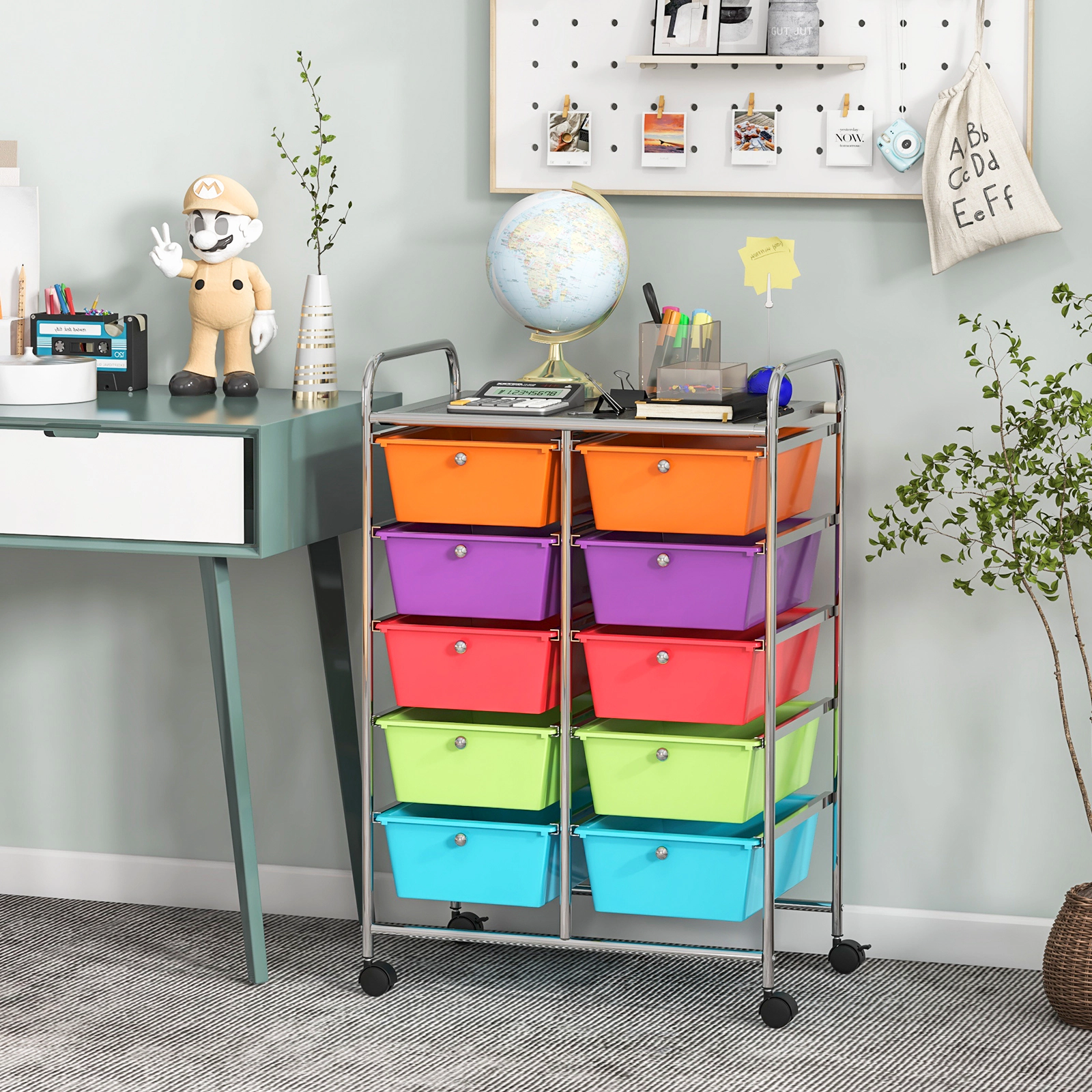 SUGIFT 10-Drawer Rolling Storage Cart with 5 Deep Drawers and Locking Wheels