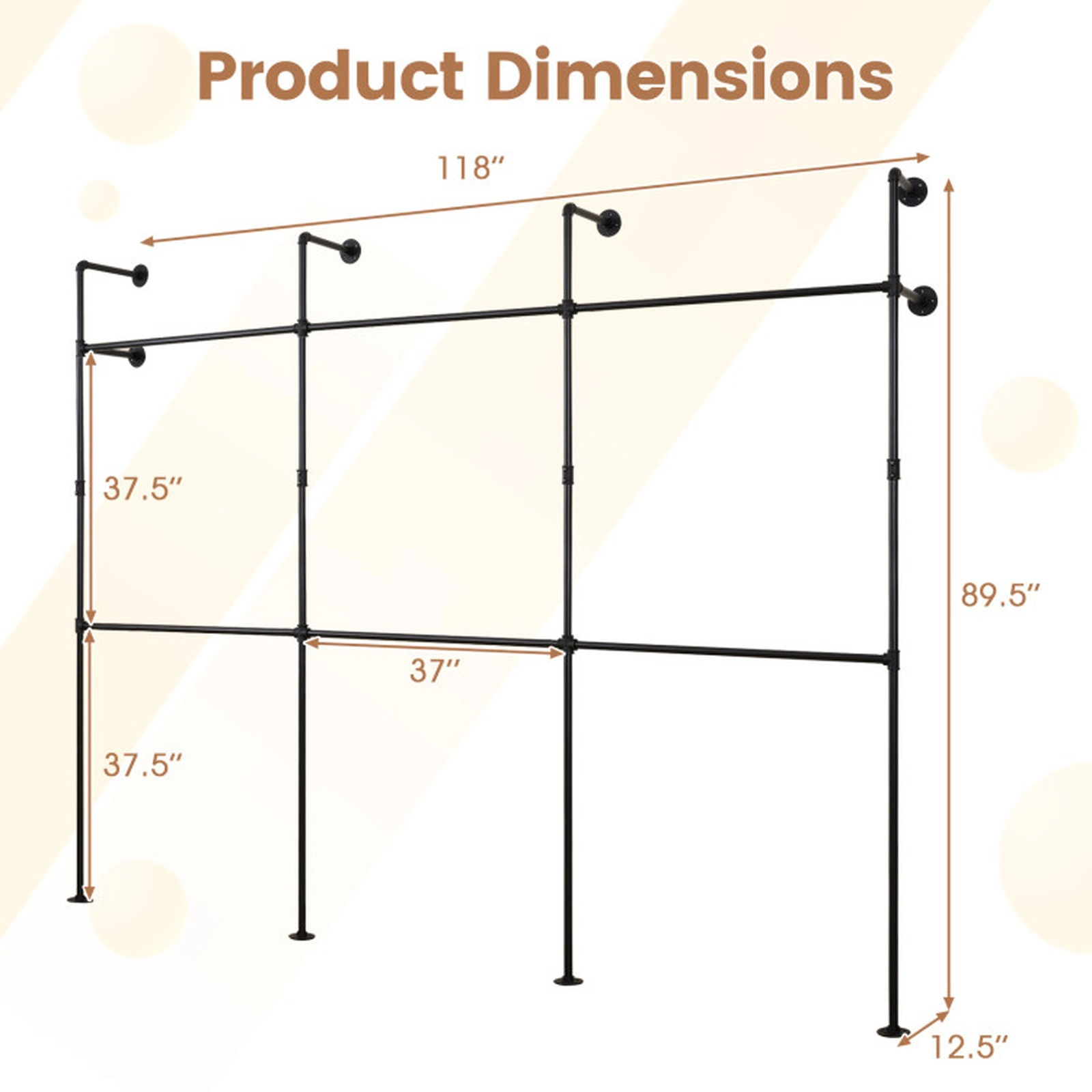 SUGIFT 6 Hanging Rods Double-Tier Wall Mounted Pipe Clothing Rack 118-in x 12.5-in x 89.5-in 45-lb per Rod Black