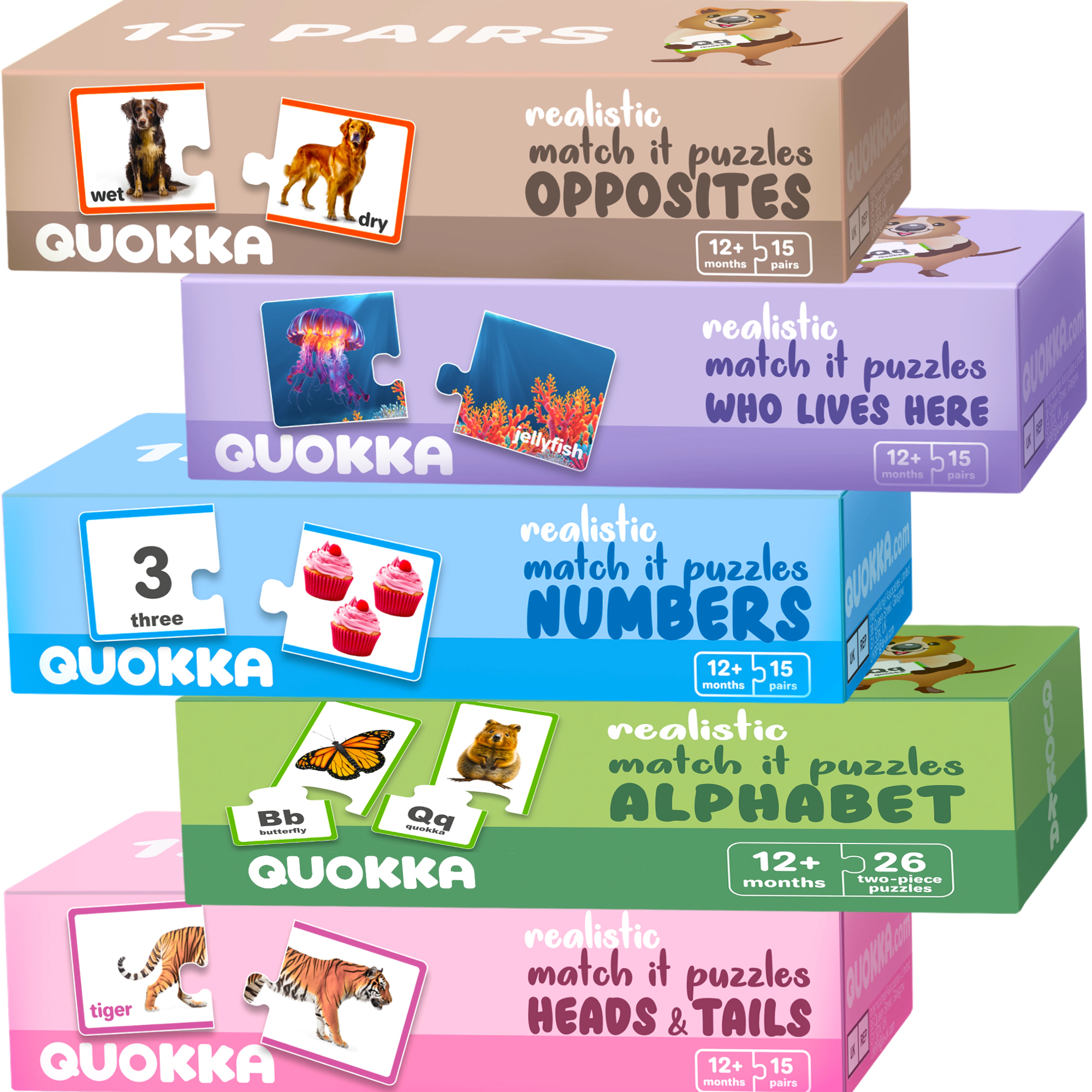 QUOKKA Matching Puzzles for Toddlers, Numbers, Animals & Opposites Learning Cards, 5-Pack Set