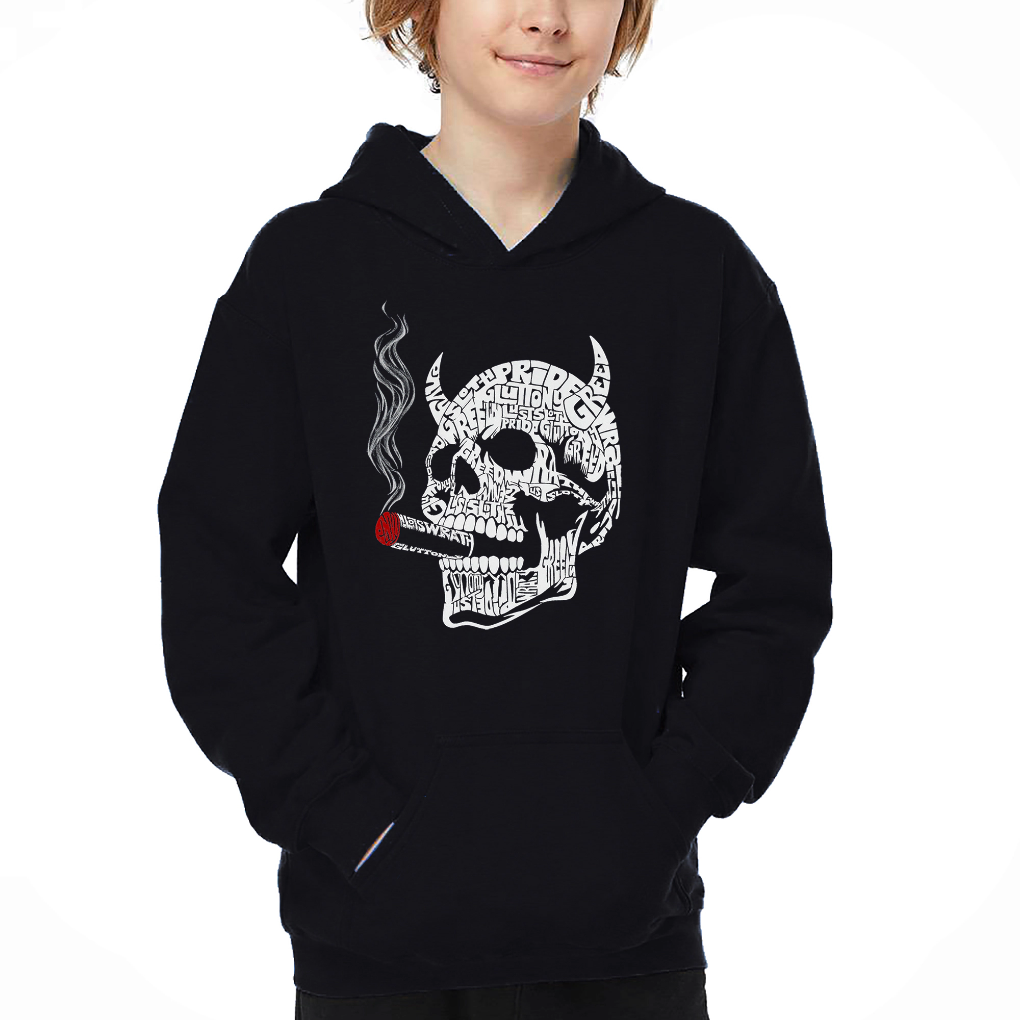 LA Pop Art Boy's Word Hoodie - 7 Deadly Sins Skull