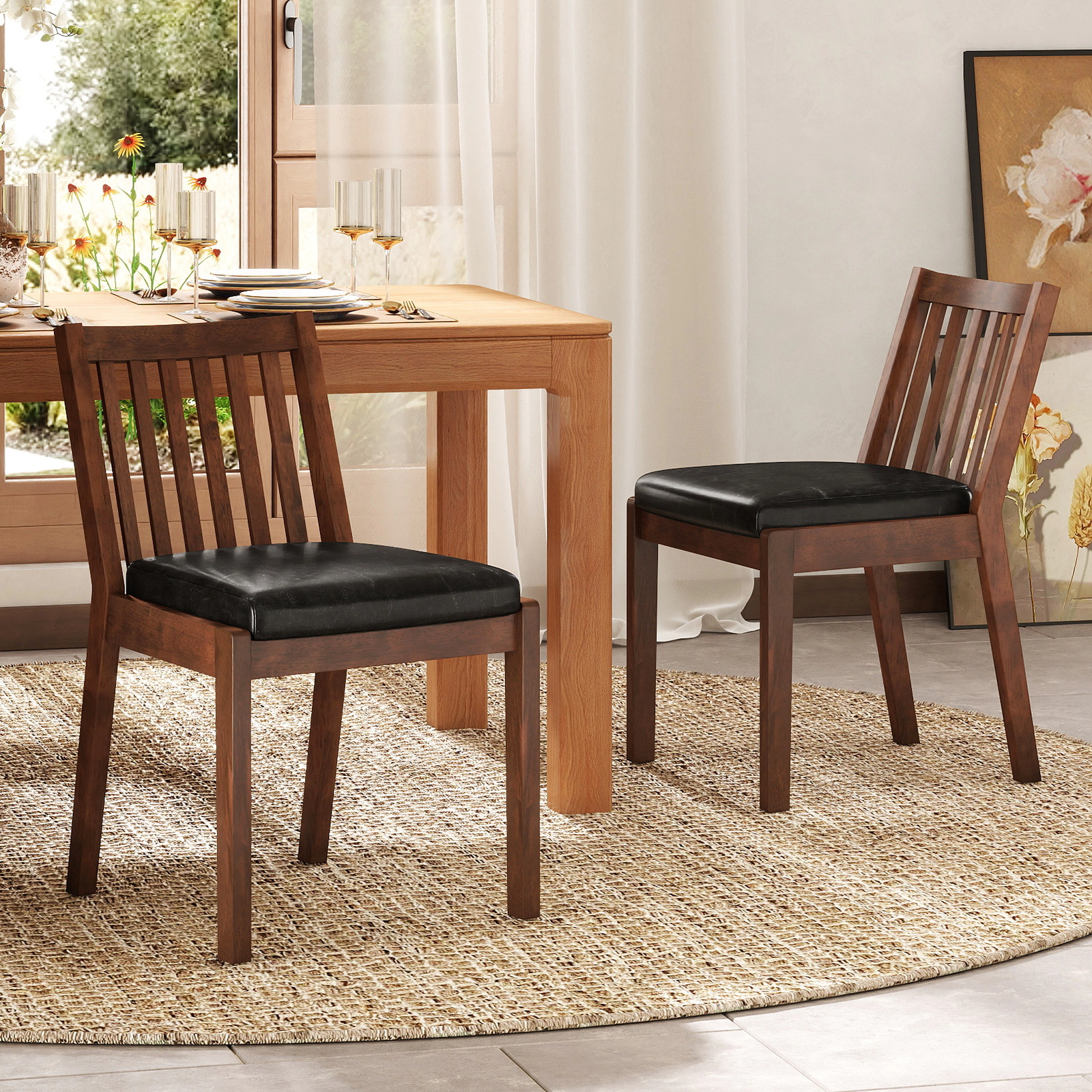 SUGIFT Espresso Faux Leather Dining Chairs, Set of 2, Padded Slat Back, Rubber Wood Frame