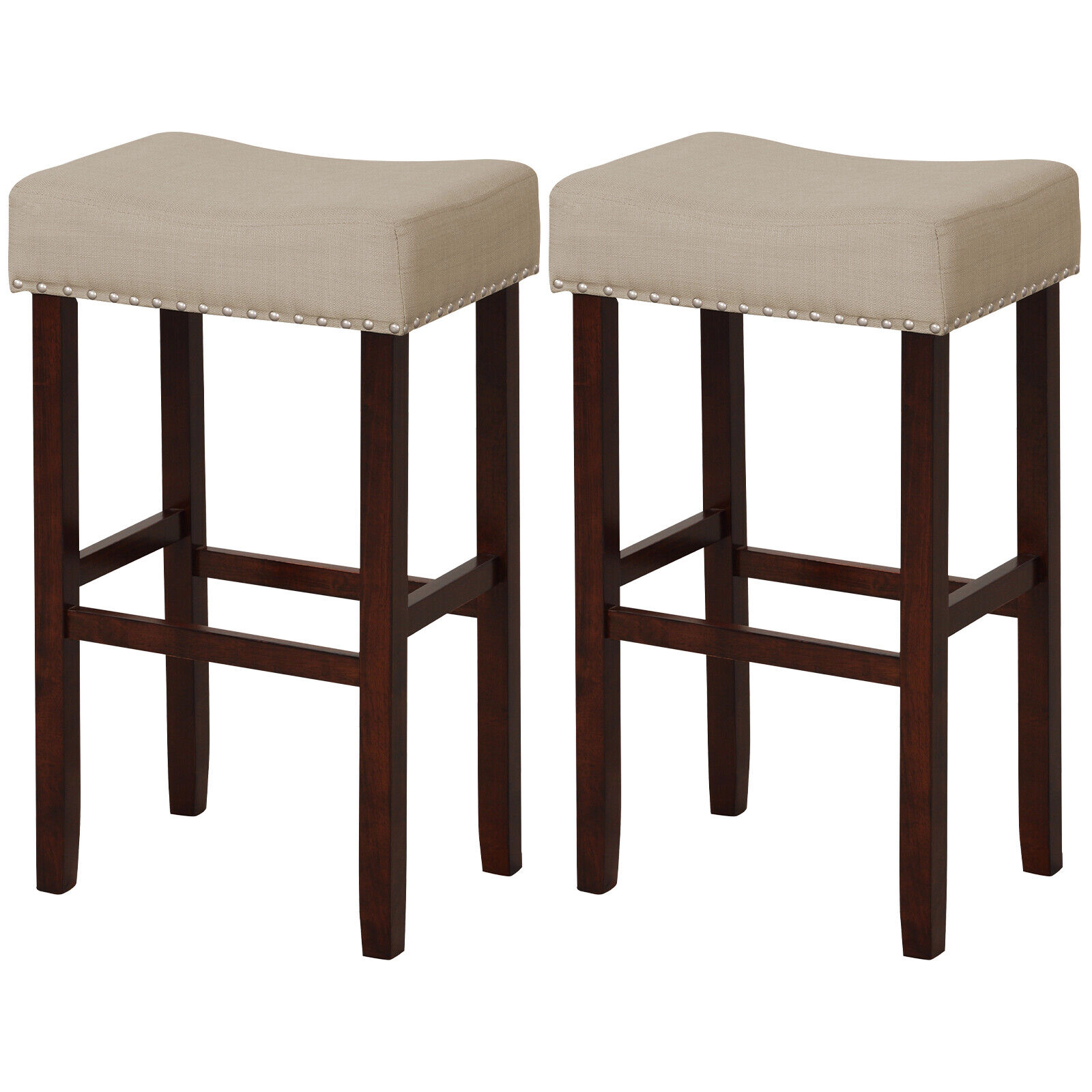 SUGIFT Set of 2 Beige 29.5-Inch Backless Bar Stools, Padded Linen Seats, Rubber Wood Legs