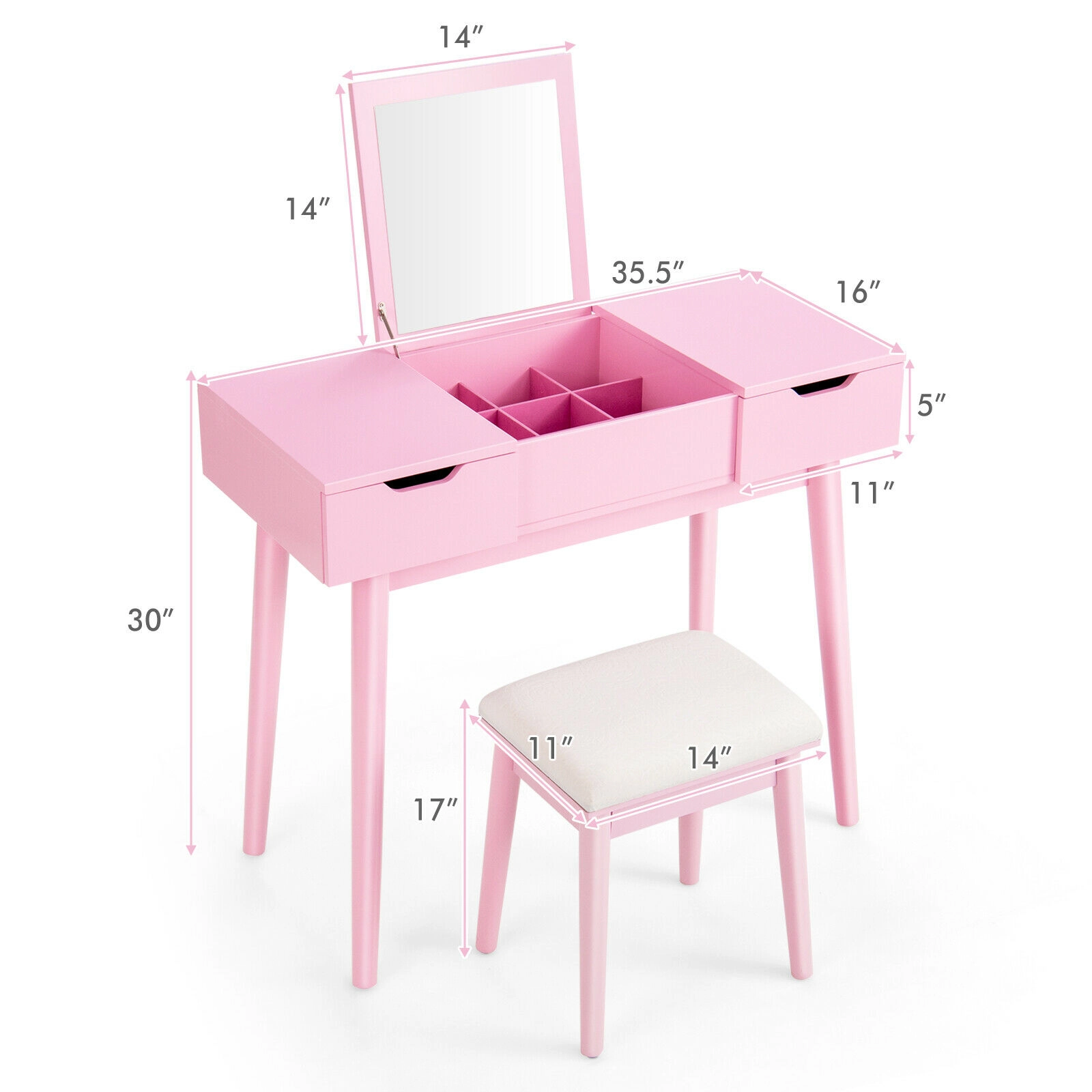 LJG Makeup Vanity Table Set with Flip Top Mirror and 2 Drawers
