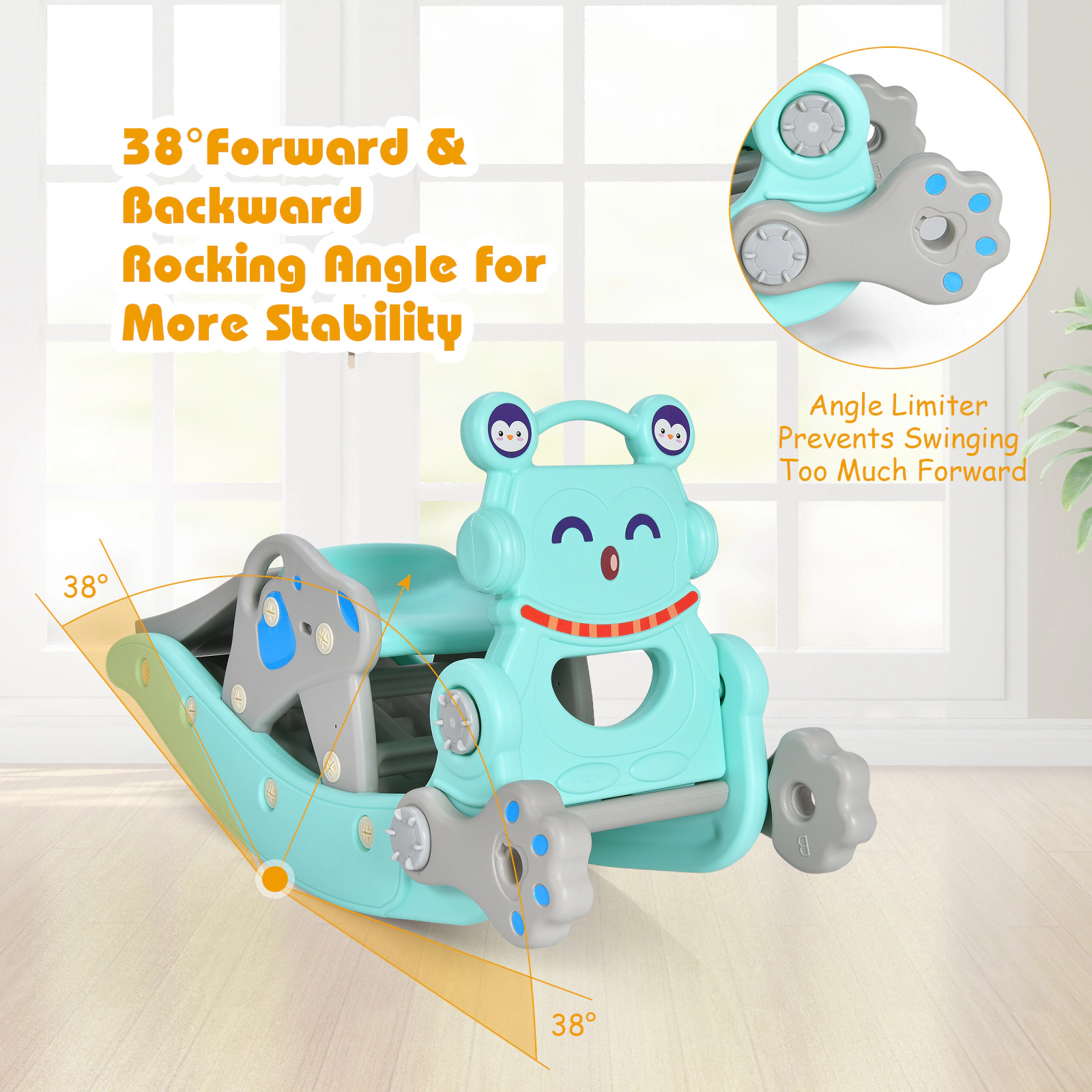 SUGIFT 4-in-1 Rocking Horse and Slide Set with Basketball Hoop and Ring Toss 132-lb Capacity Ages 1-5 Blue