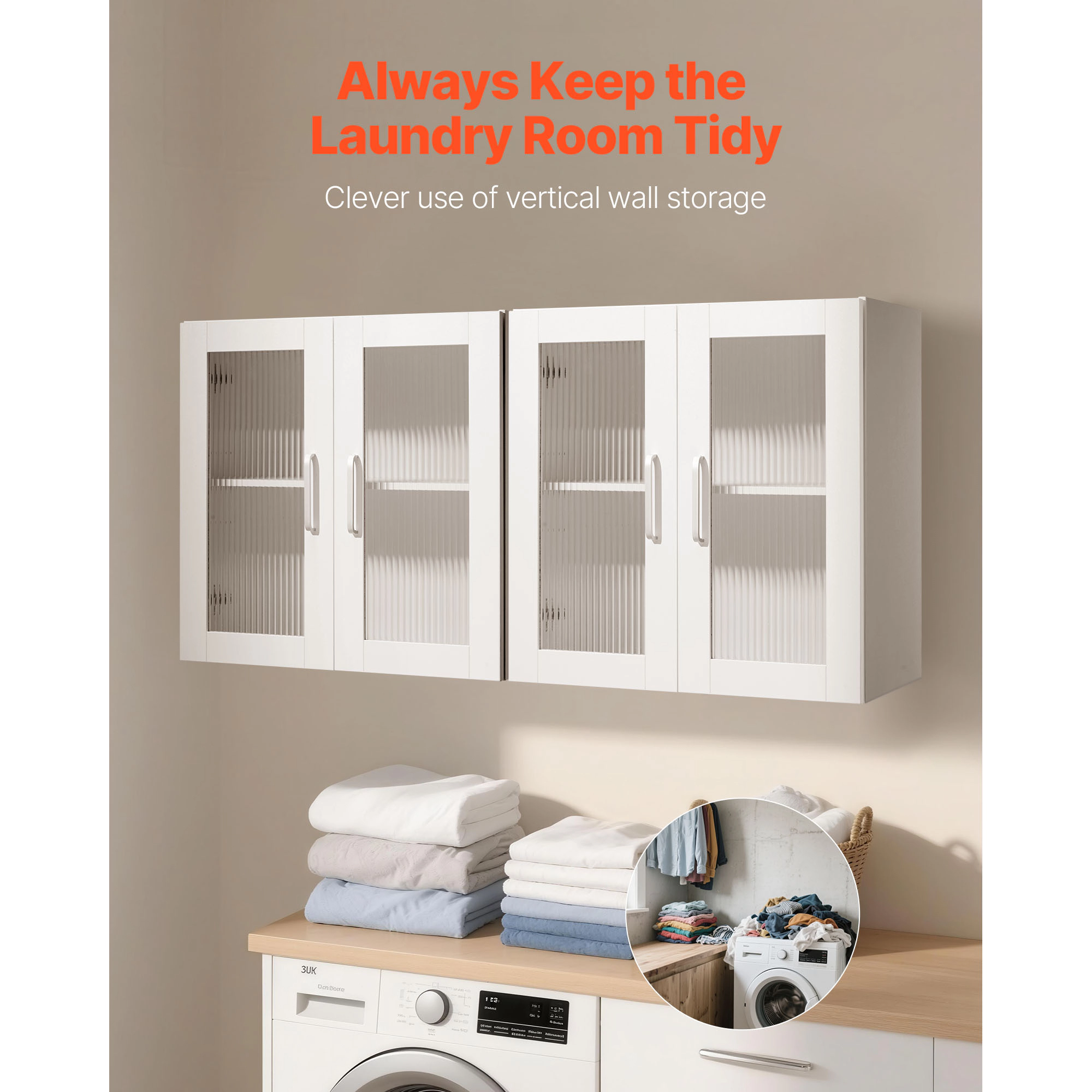 HONGGE Laundry Room Wall Cabinet 2-Tier Wall Mounted Hanging Cabinet with Adjustable Shelf Cupboard Storage with for