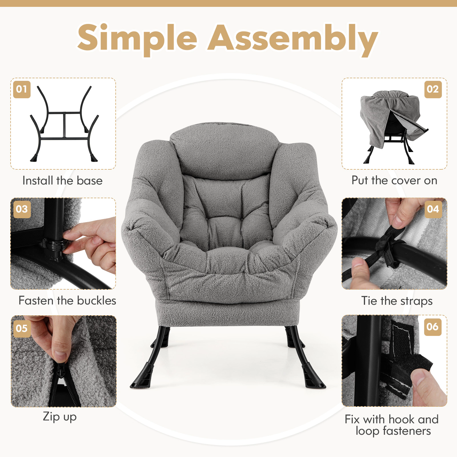 SUGIFT Sherpa Upholstered Accent Chair with Cozy Head Pillow 330-lb Capacity Beige Gray Pink