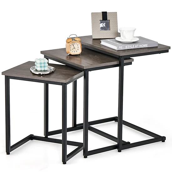 Glintex 3-Piece Stackable C-Shaped Nesting Side Table Set with Steel Tube Frames, Oak