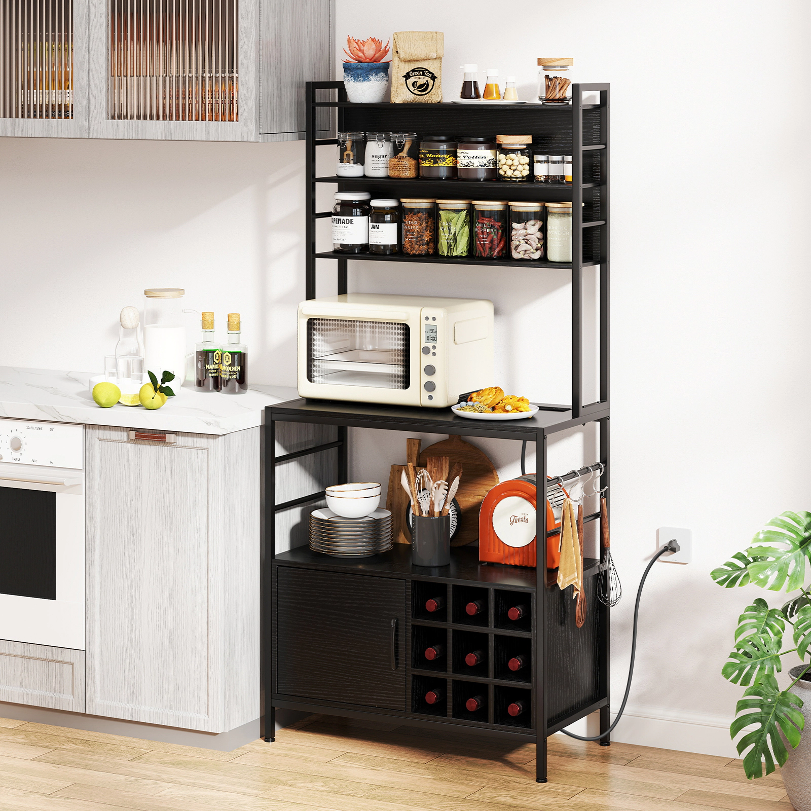 SUGIFT Coffee Bar Cabinet Black with Power Outlet S-Shaped Hooks and Wine Holders