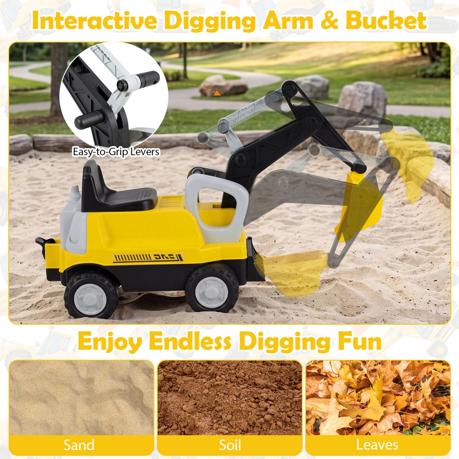 SUGIFT 2-in-1 Kids Ride-On Tractor and Car with Digging Arm and Detachable Trailer 55-lb Capacity Ages 3+ Green/Yellow