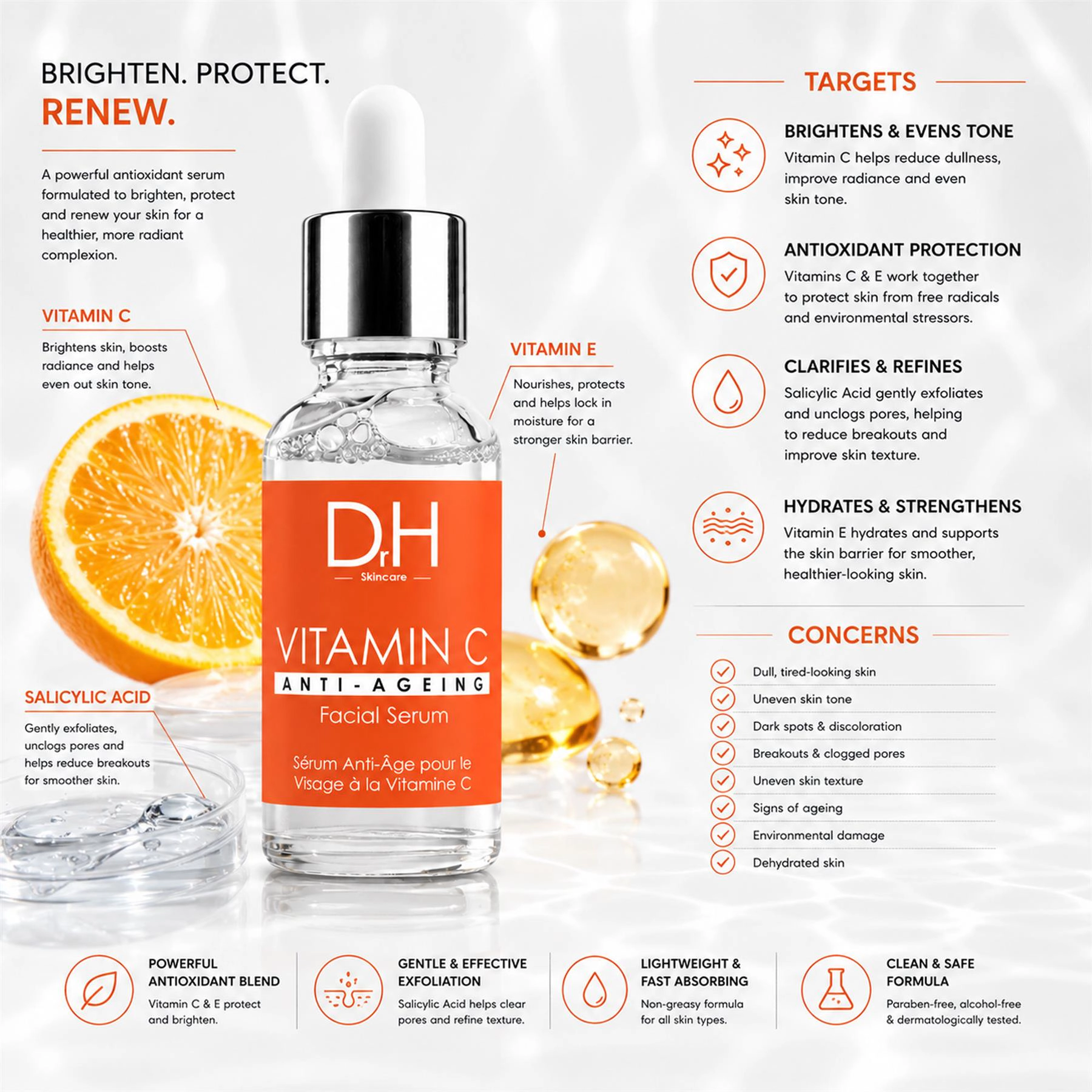 Dr H Anti-Ageing Vitamin C Facial Serum 30ml - Targets Acne, Blemishes & Large Pores