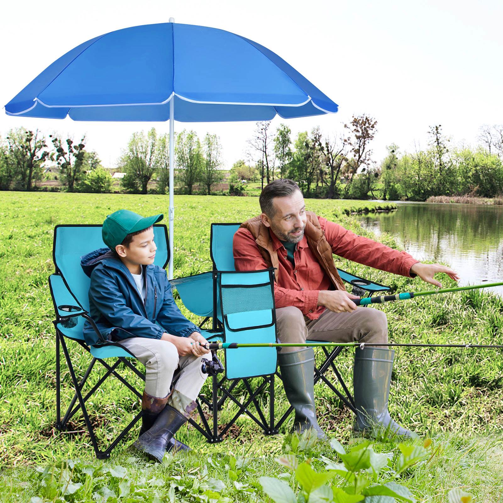 SUGIFT Folding Picnic Double Chair with Umbrella and Cooler Bag 270-lb Capacity Per Seat 600-lb Total Black Blue Gray