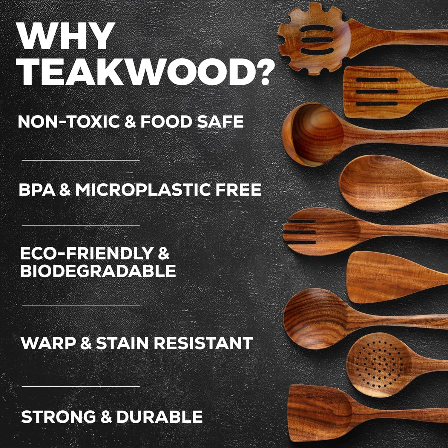 Zulay Kitchen 9-Piece Teak Wooden Utensils for Cooking - Smooth Finish Natural Teak Utensil Set