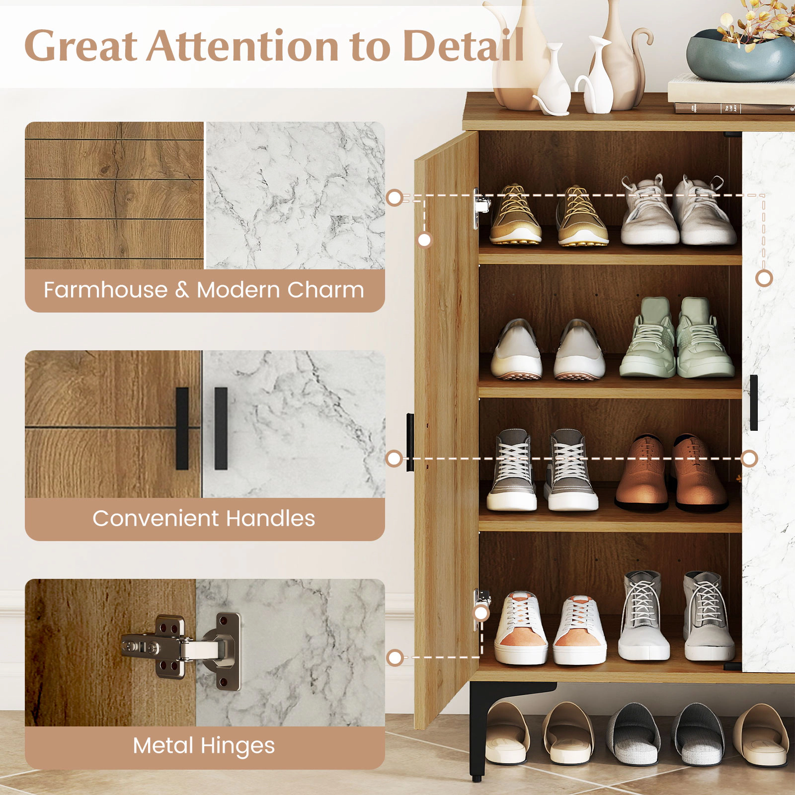 Glintex 4-Tier Two-Tone Farmhouse Shoe Cabinet with Metal Legs and 180-Lb Capacity, Walnut and White