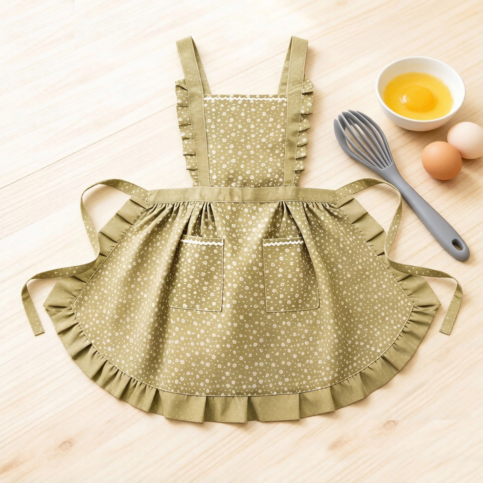 Alilang Unisex Floral Print Kitchen Apron with Ruffled Trim Adjustable Waist Ties and Front Pockets