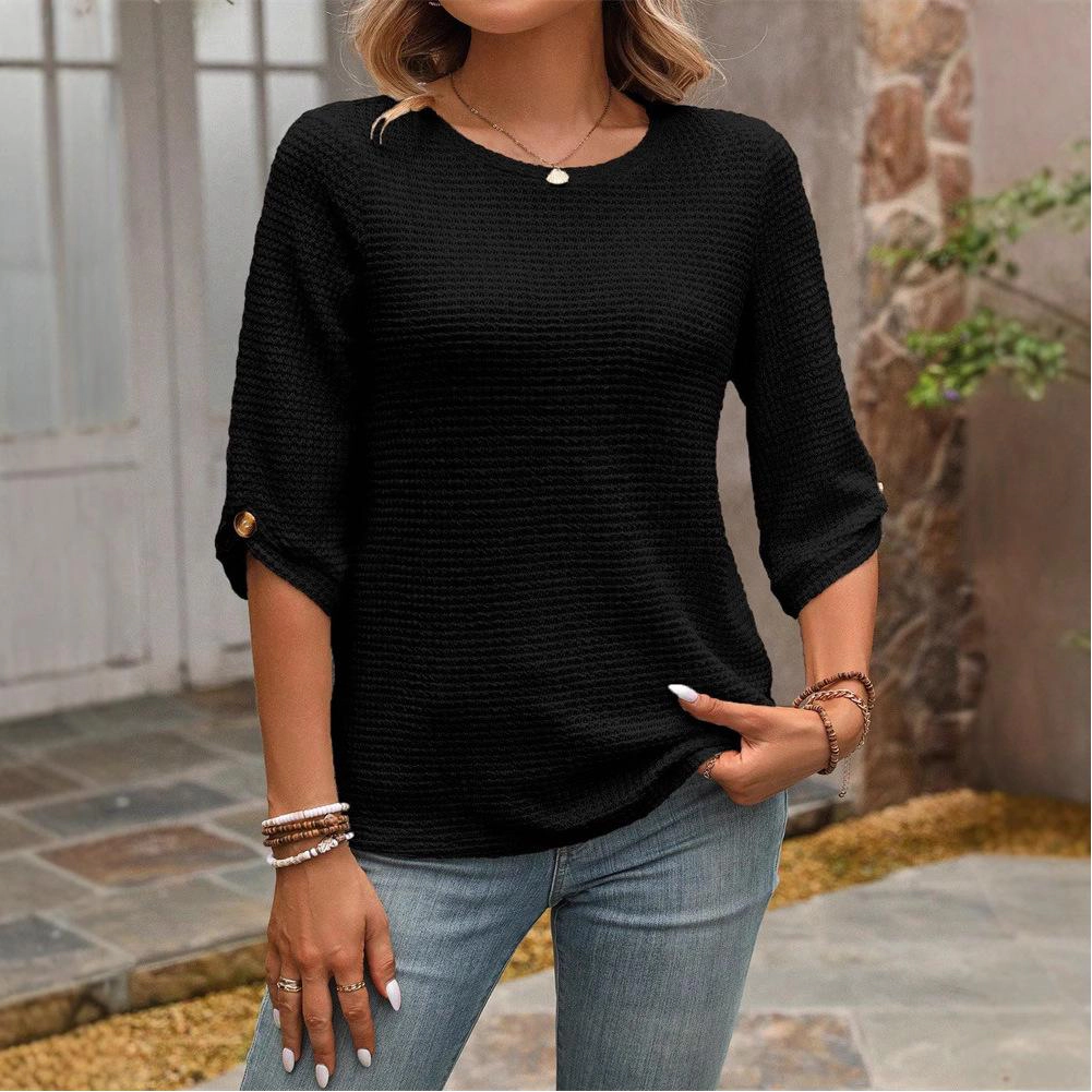 BLUEMING Womens Summer Tops 3/4 Length Sleeve Crew Neck Waffle Knit Pullover Shirts Loose Fit Going Out