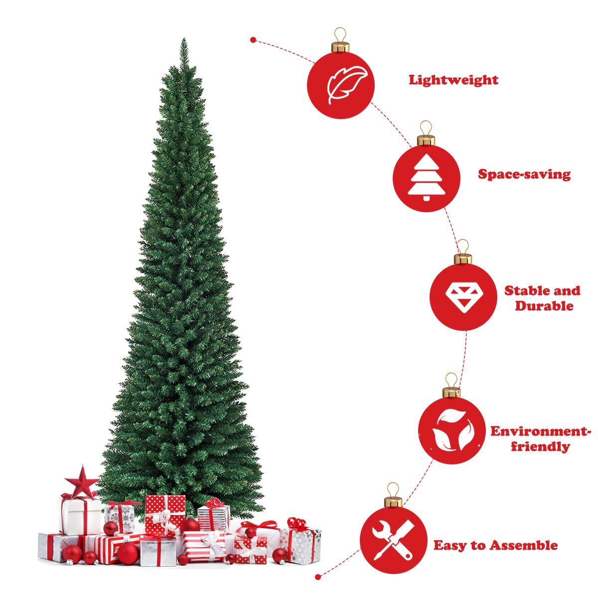 Glintex 8-Ft Slim Pencil Christmas Tree with 1000 Tips for Narrow Spaces, Green