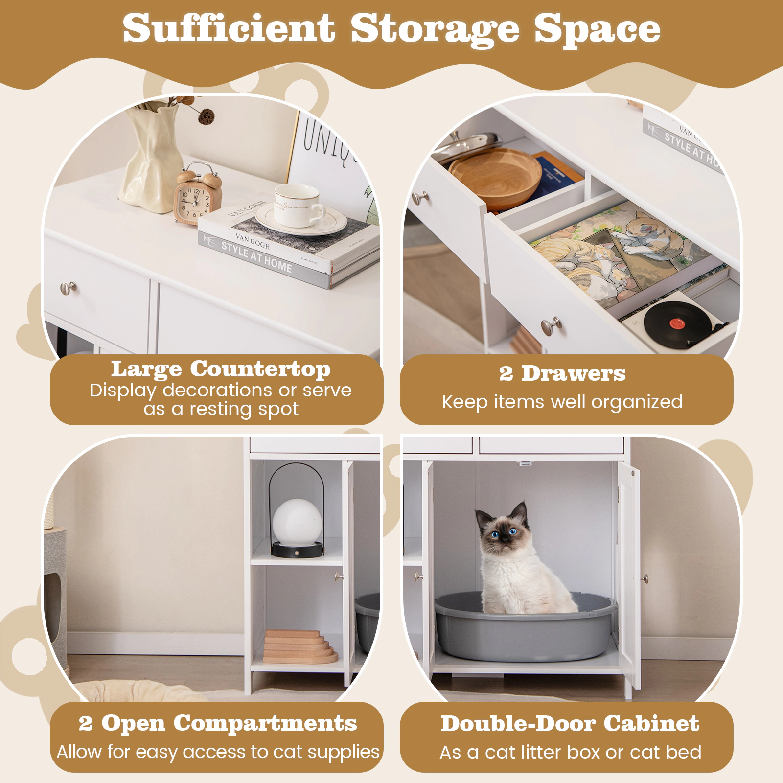 SUGIFT 31.5 x 31-in White Wooden Hidden Cat Litter Box Enclosure Side Cabinet with 2 Drawers and Side Entrance