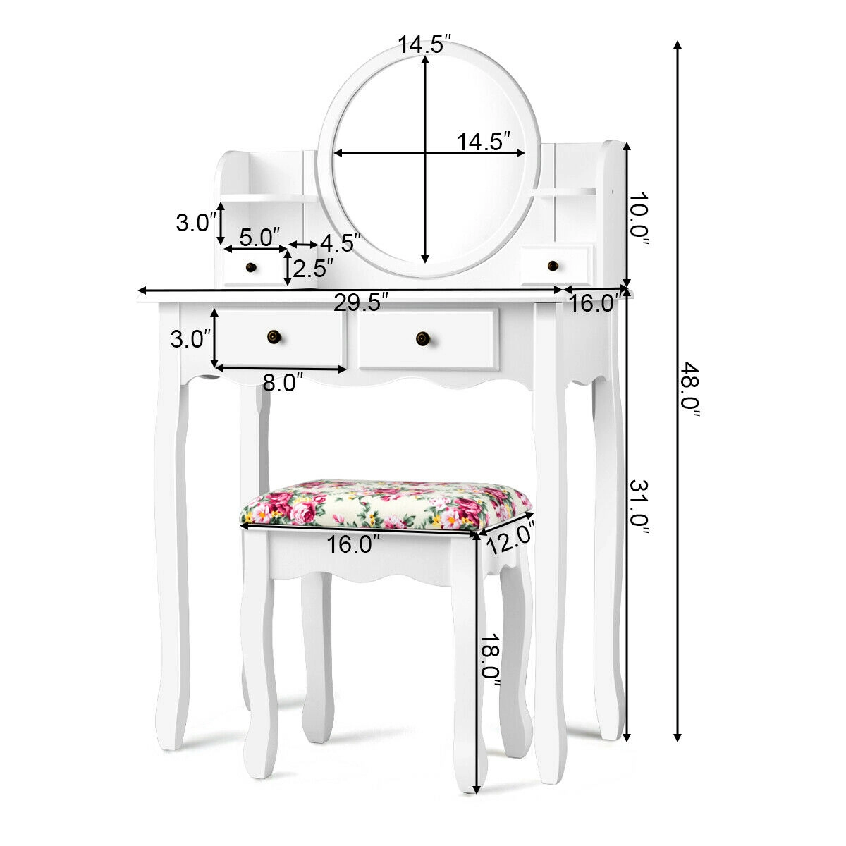 SUGIFT 4-Drawer Makeup Vanity Table Set Girls Dressing Table Oval 14.5-in Mirror 286-lb Dresser 242-lb Stool Capacity