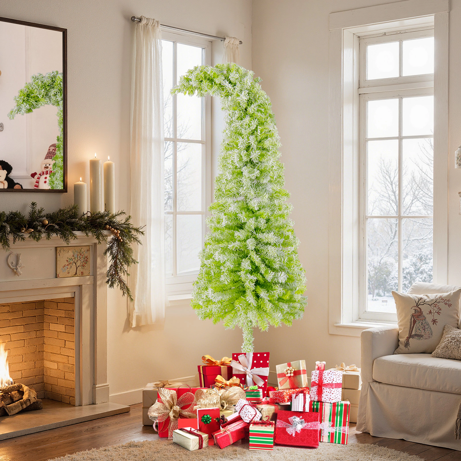 Costway 5/6/7 FT Whimsical Christmas Tree with Bendable Top, 216/290/366 Branch Tips, 80/120/160 LED Lights