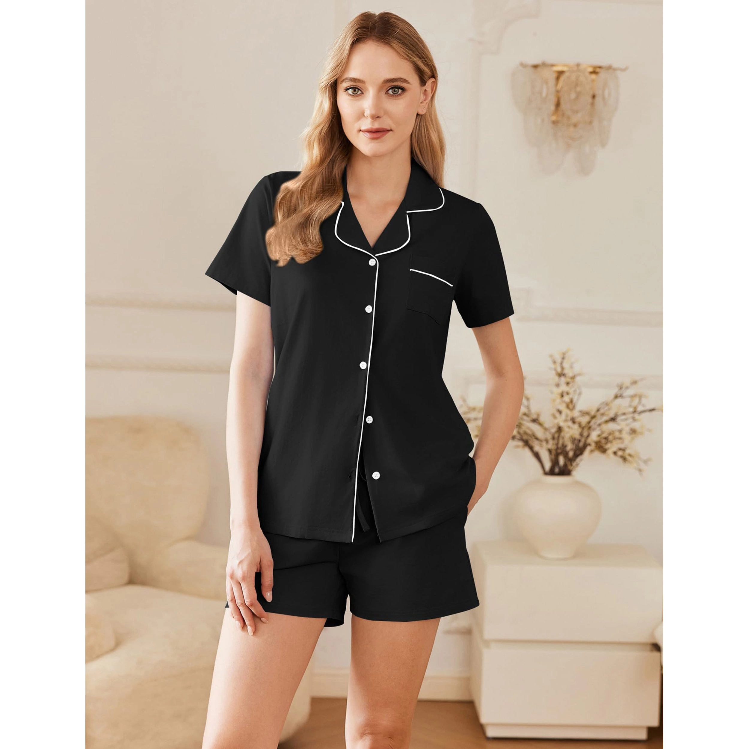 Ekouaer Womens Cotton Pajamas Set Classic Short Sleeve Pjs Soft Button Down Sleepwear Loungewear