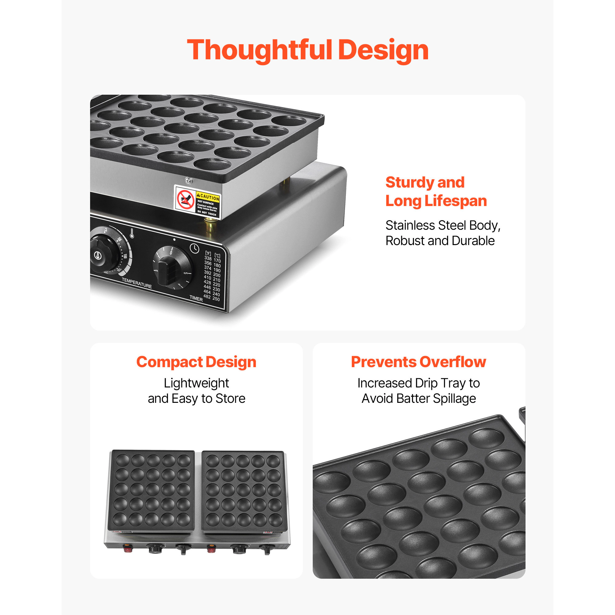 HONGGE Dutch Pancake Maker Non-stick Stainless Steel Dorayaki Baker Commercial Electric Poffertjes Grill Temp & Time