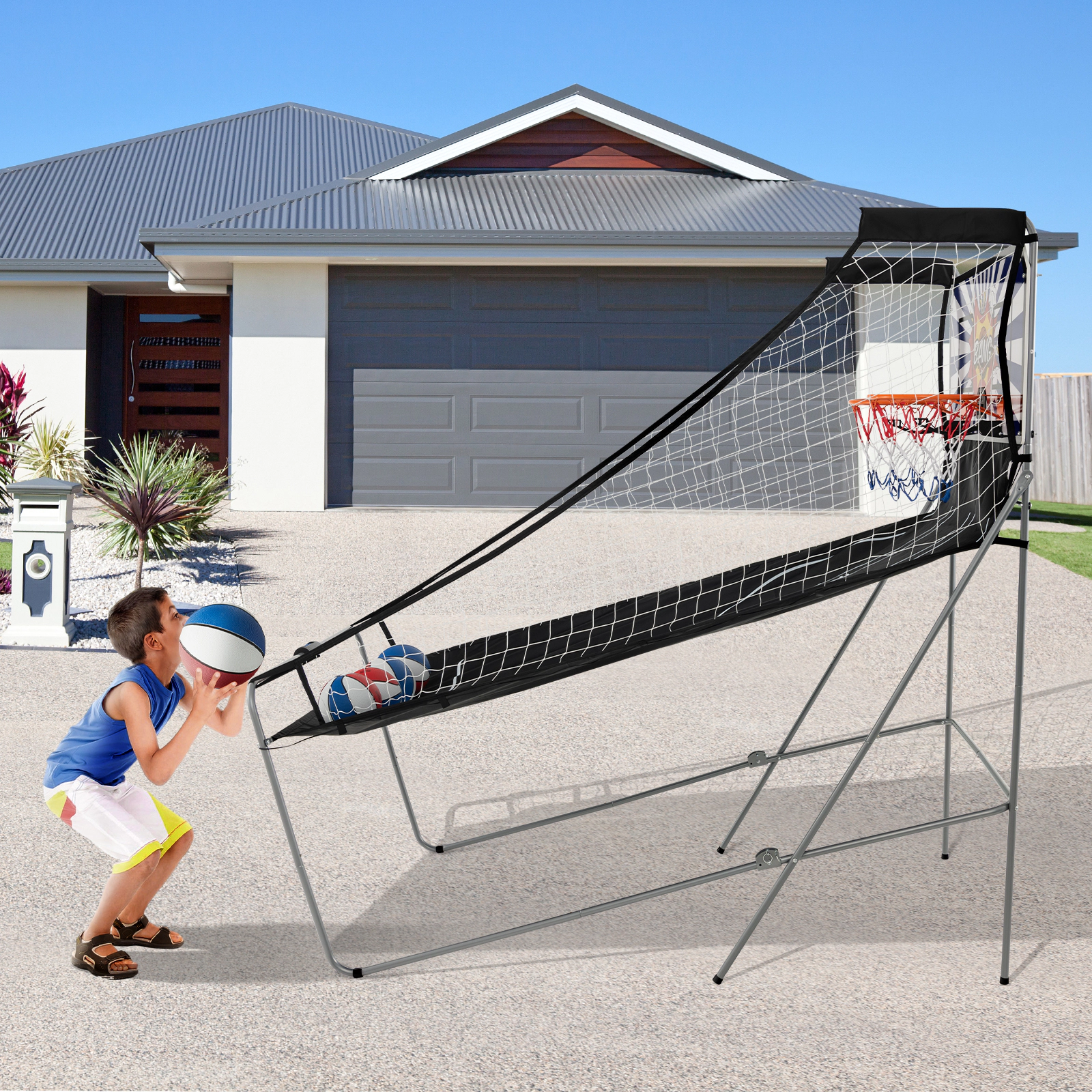 SUGIFT Dual Shot Basketball Arcade Game 8 Modes Electronic Scoring 4 Basketballs 43 x 32 x 81-in Folded Ages 6+ White
