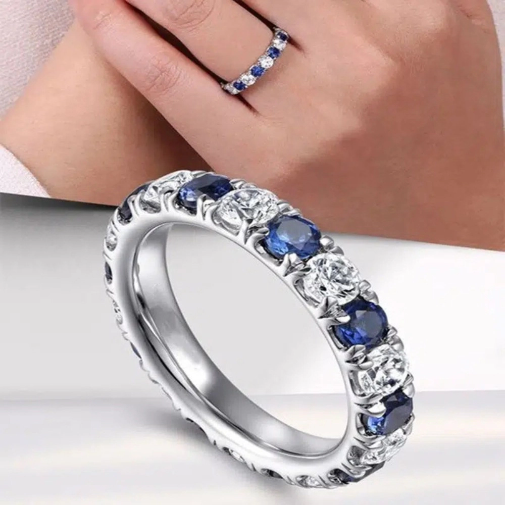 3mm Thin Band Eternity Rings White and Blue Created Sapphire Ring
