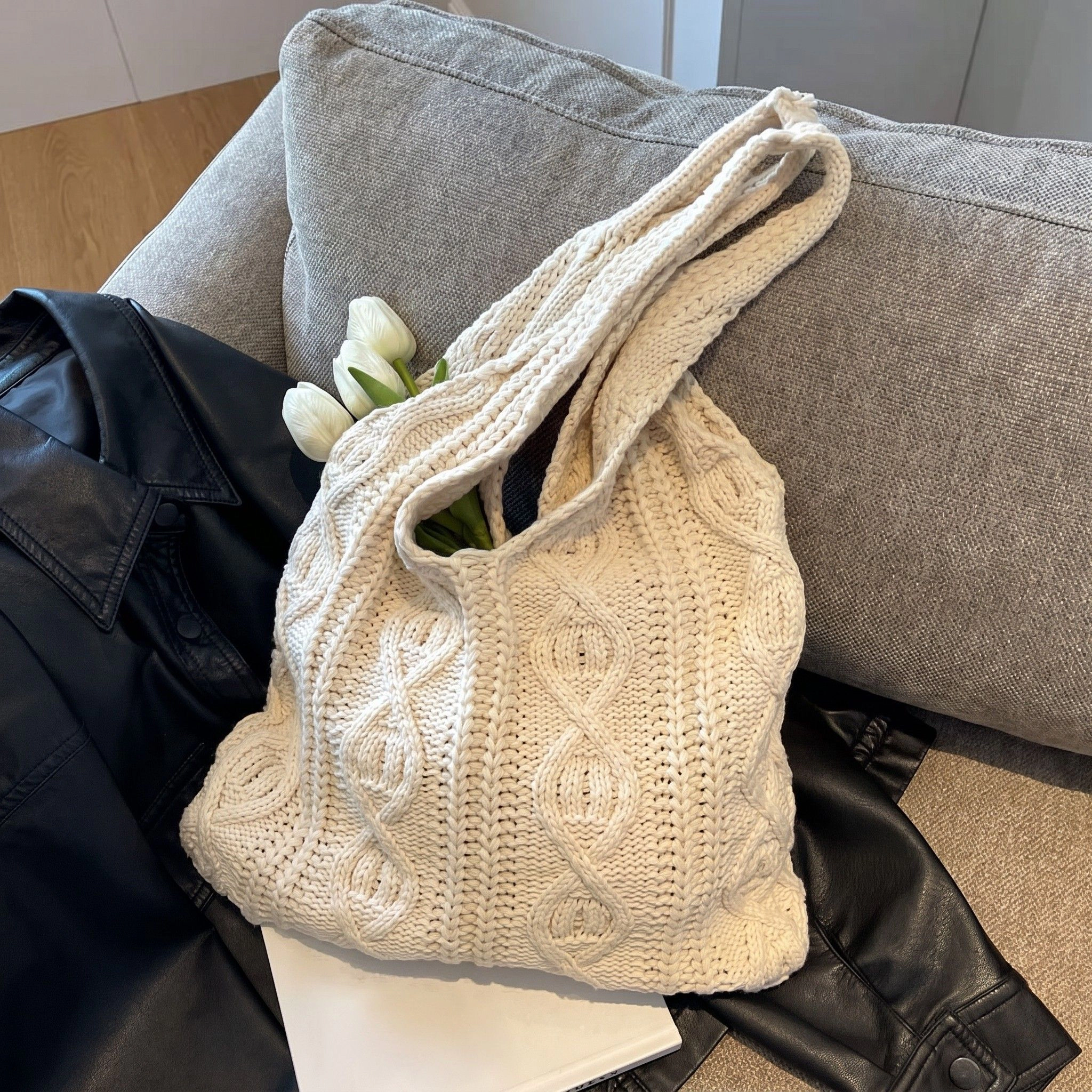 Alilang Women's Cable Knit Shoulder Tote Bag Soft Textured Slouchy Lightweight Everyday Carryall, Beige