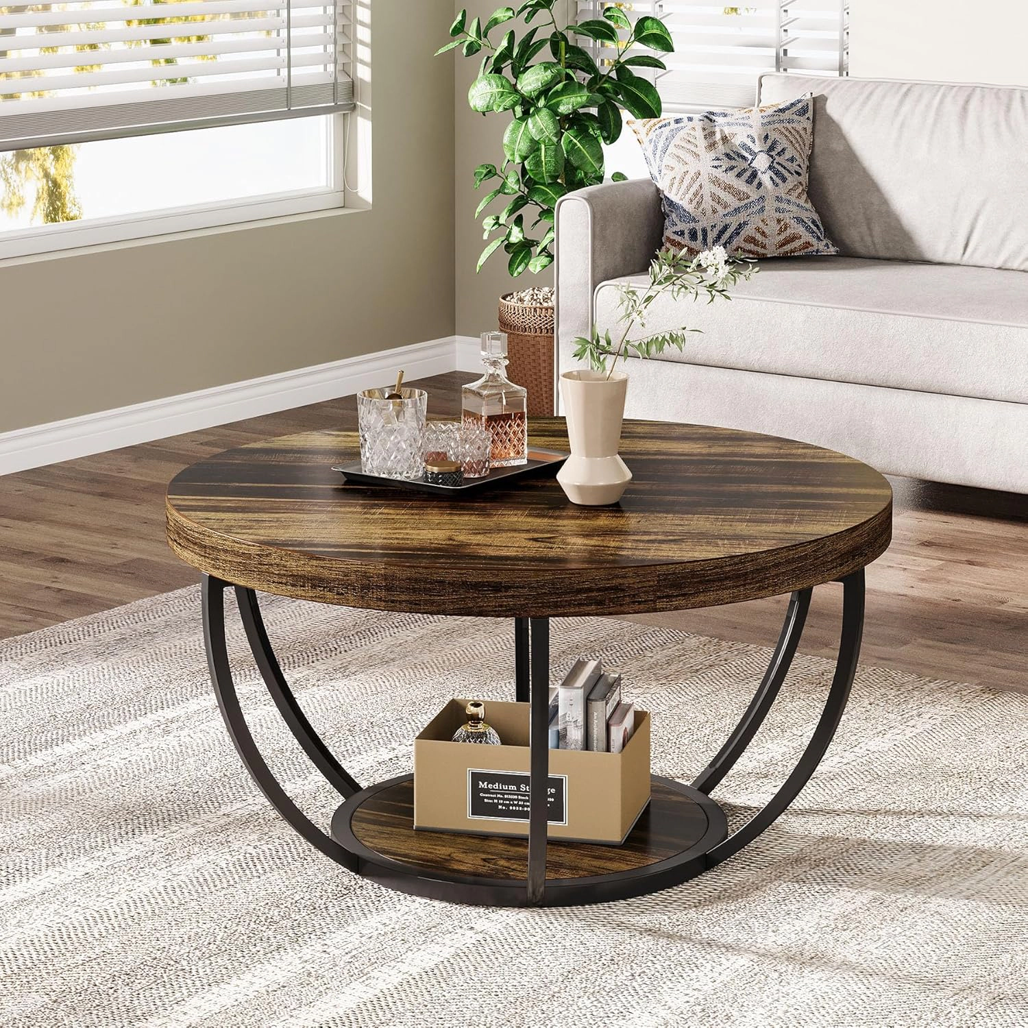 Tribesigns 31.7" Round Industrial Coffee Table with 2-Tier Storage Shelves