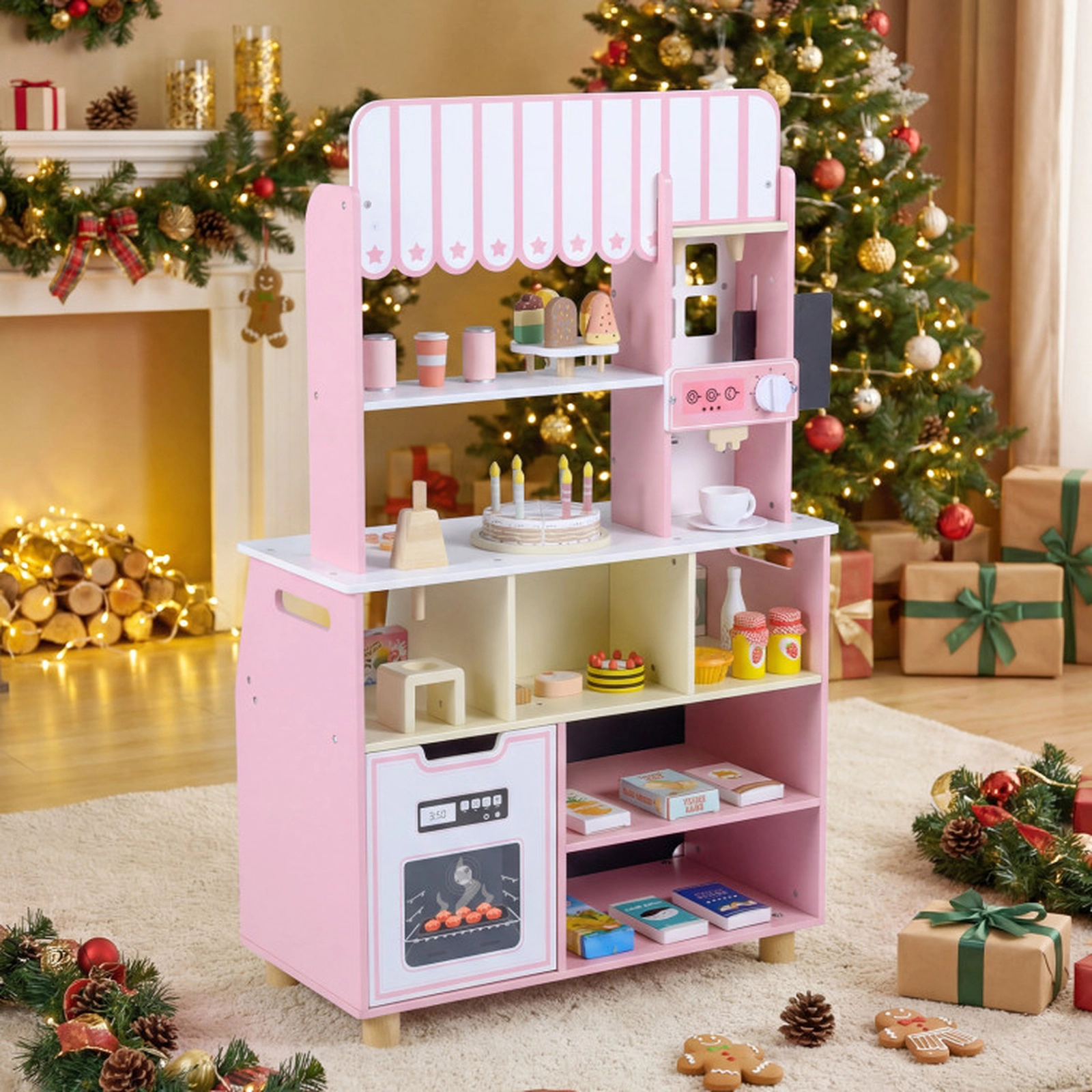 SUGIFT Wooden Kids Ice Cream Shop Playset with 27 Accessories and Ice Cream Machine 24.5-in Wide Ages 3+ Blue/Pink