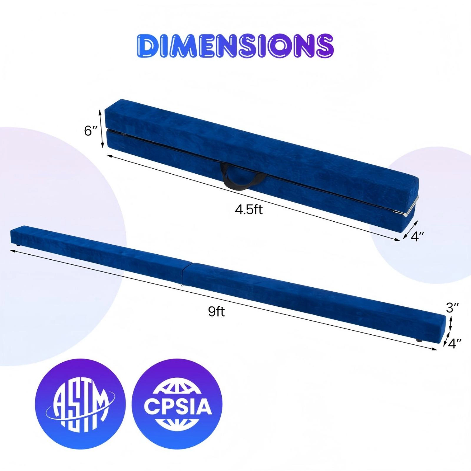 SUGIFT Blue 9-ft 160-lb Capacity Folding Gymnastics Balance Beam with Pine Wood Core and Anti-Slip Base