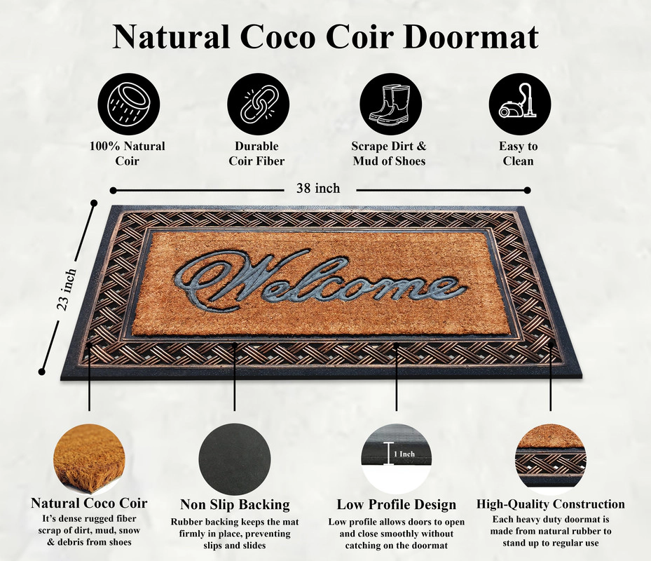 A1 Home Collections Coir and Rubber Door Mat 38x23 Inches Anti-Shed Heavy Duty Non-Slip Check Border